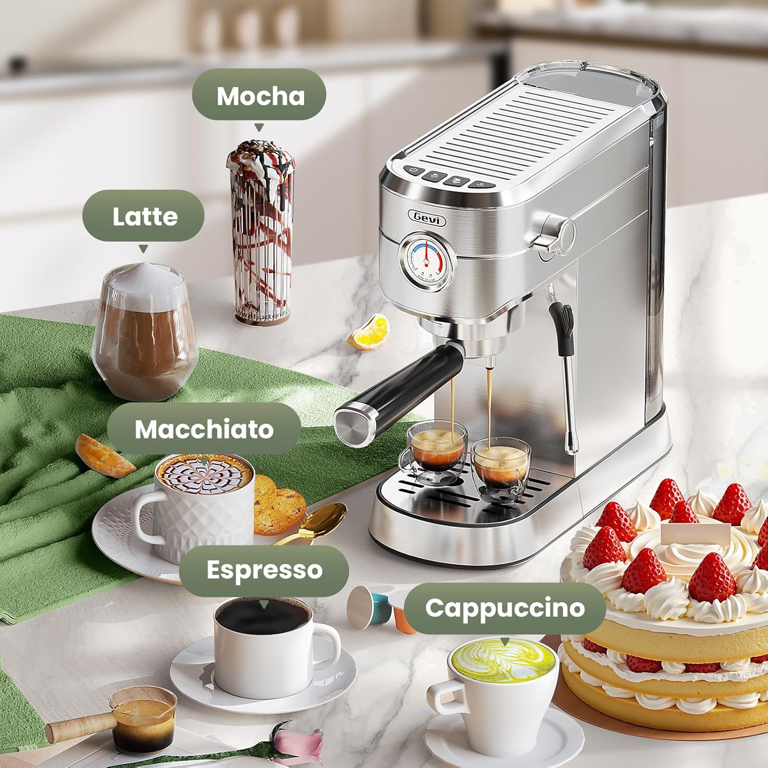 Gevi Commercial Espresso and Coffee Makers Professional 20 Bar Espresso Maker with Milk Frother Stainless Steel Expresso Coffee Machines for Home Compact Cappuccino Machine Great Gift