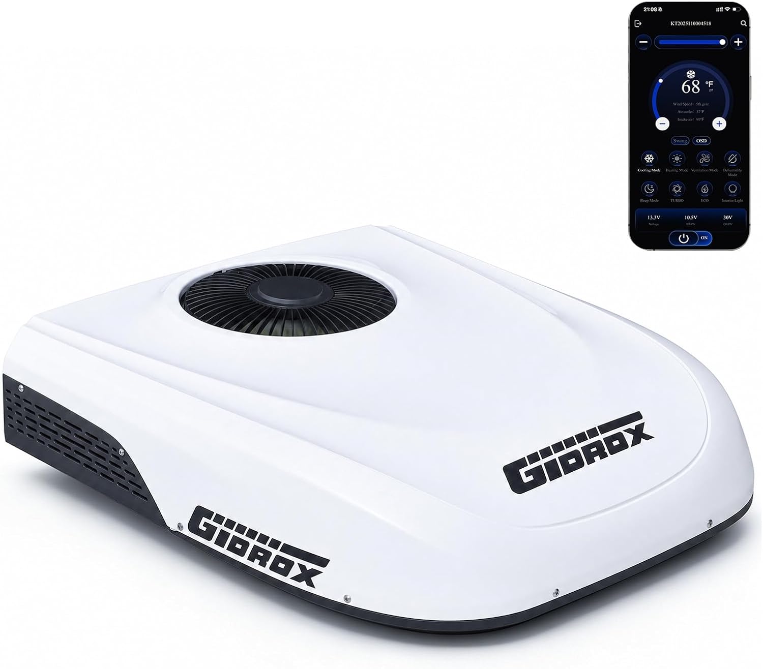Gidrox 10000 BTU 12V DC RV Air Conditioner with Heater - Battery Powered, Low Power Consumption, Ultra Quiet & Fast Cooling Rooftop AC Unit with APP Remote for Camper Van and Truck, Pure White