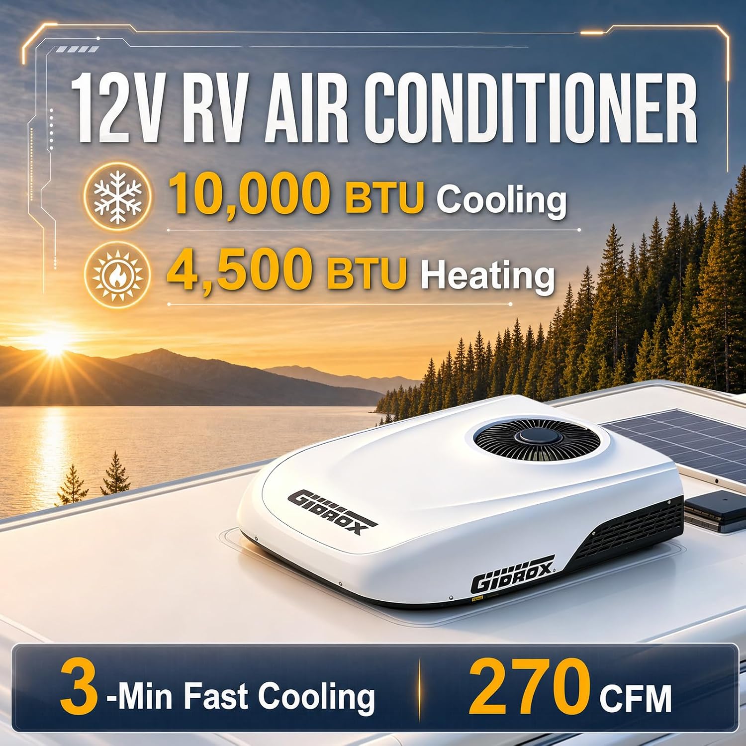 Gidrox 10000 BTU 12V DC RV Air Conditioner with Heater - Battery Powered, Low Power Consumption, Ultra Quiet & Fast Cooling Rooftop AC Unit with APP Remote for Camper Van and Truck, Pure White