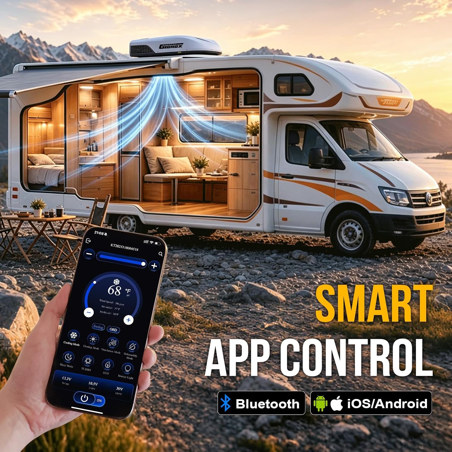 Gidrox 10000 BTU 12V DC RV Air Conditioner with Heater - Battery Powered, Low Power Consumption, Ultra Quiet & Fast Cooling Rooftop AC Unit with APP Remote for Camper Van and Truck, Pure White