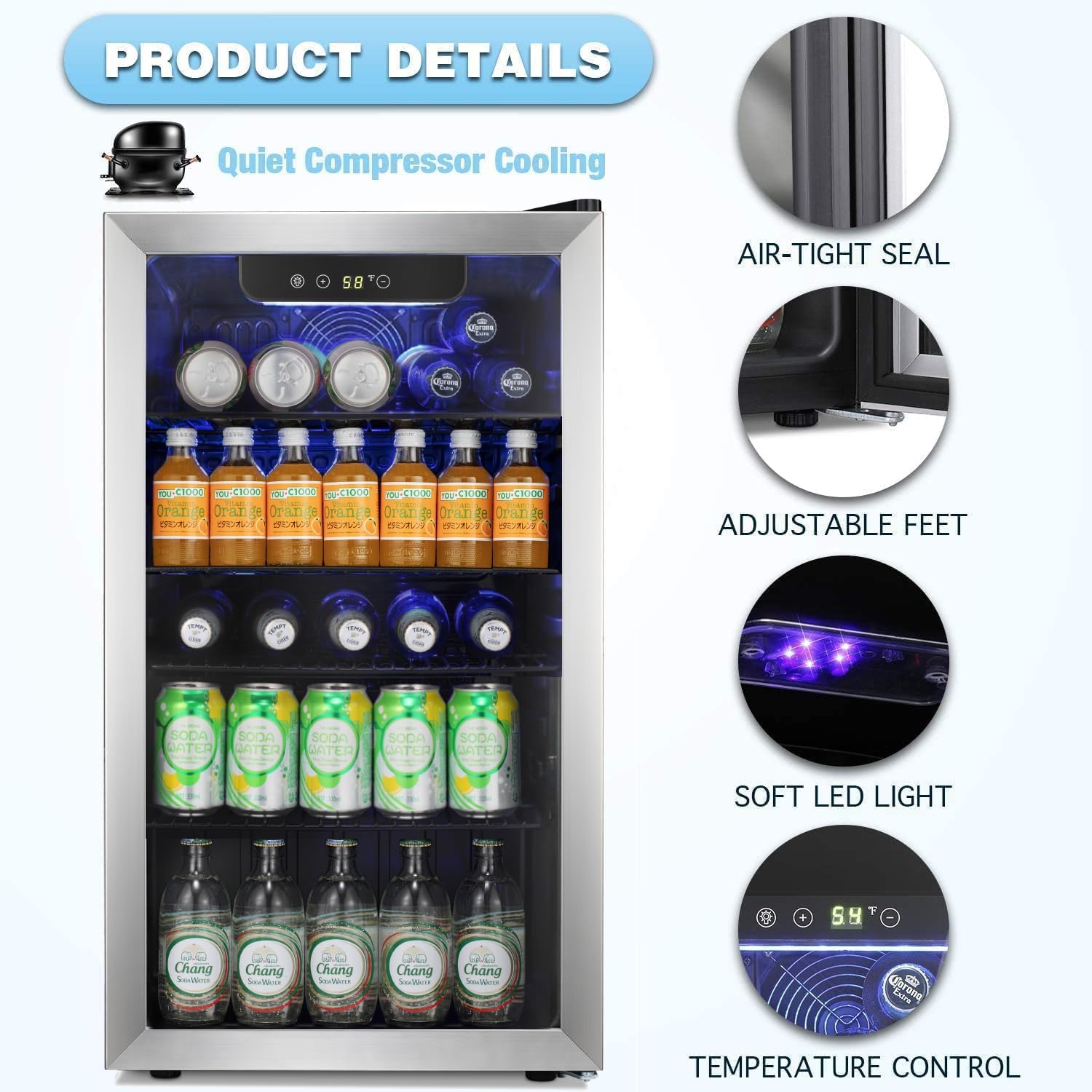 Antarctic Star Beverage Refrigerator Cooler -120 Can Glass Door Mini Fridge for Soda Cola Beer or Wine Constant Glass Door Small Drink Dispenser Clear Front for Home Bar 3.2cu.ft