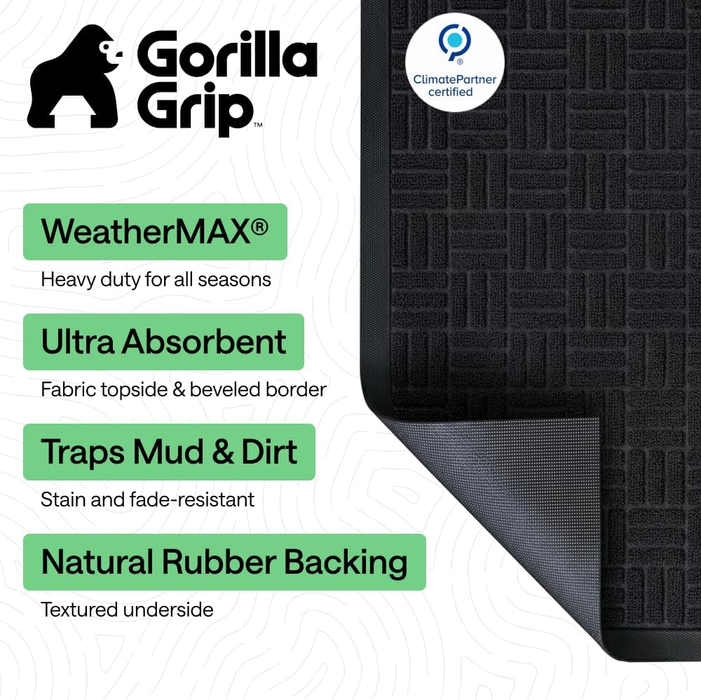 GORILLA GRIP 100% Waterproof All-Season WeatherMAX Doormat 47x35 US Designed Natural Rubber Stain and Fade Resistant Low Profile Indoor Outdoor Door Mats Easy Clean Patio Mat Black Maze