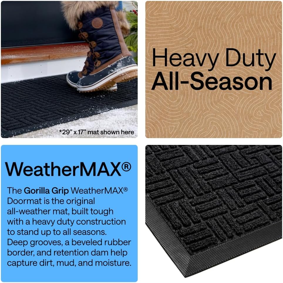 GORILLA GRIP 100% Waterproof All-Season WeatherMAX Doormat 47x35 US Designed Natural Rubber Stain and Fade Resistant Low Profile Indoor Outdoor Door Mats Easy Clean Patio Mat Black Maze
