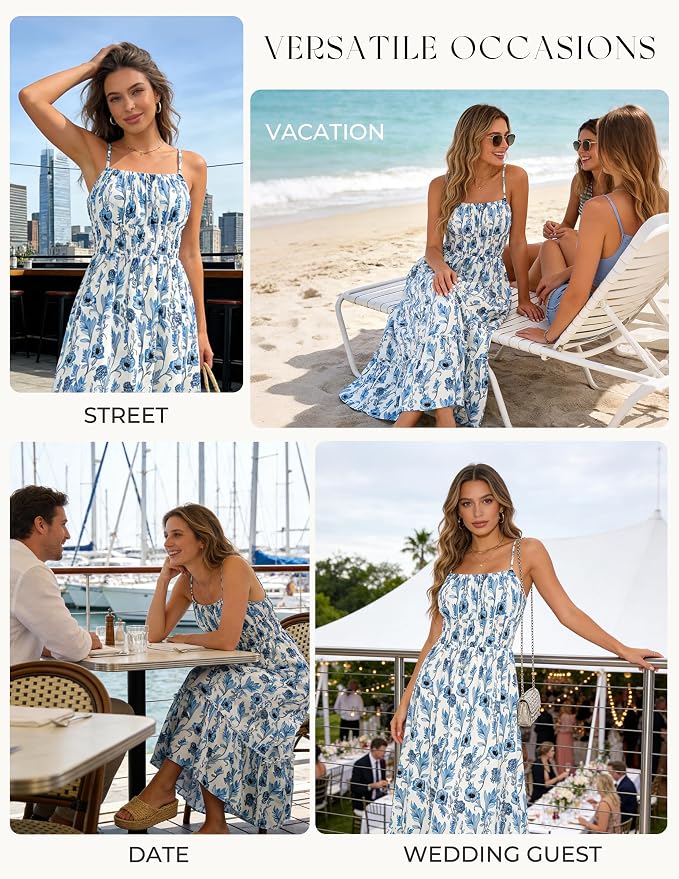 Grace Karin Boho Dresses for Women Spaghetti Strap Maxi Dress Casual Beach Floral A Line Tiered Summer Sundress Blue Floral M