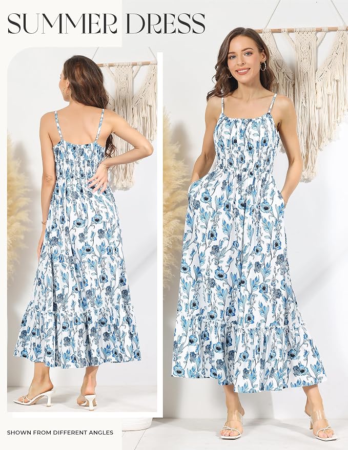 Grace Karin Boho Dresses for Women Spaghetti Strap Maxi Dress Casual Beach Floral A Line Tiered Summer Sundress Blue Floral M