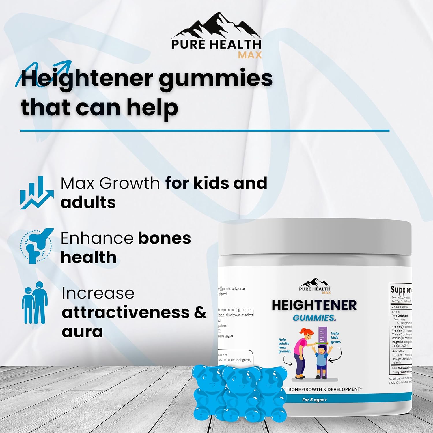 Heightener Gummies - Natural Height Growth Supplement for Kids, Teens and Adults to Increase Bone Strength and Grow Tall | Height Maximizer Pills with L-Arginine, Calcium & Zinc | 60 Gummy