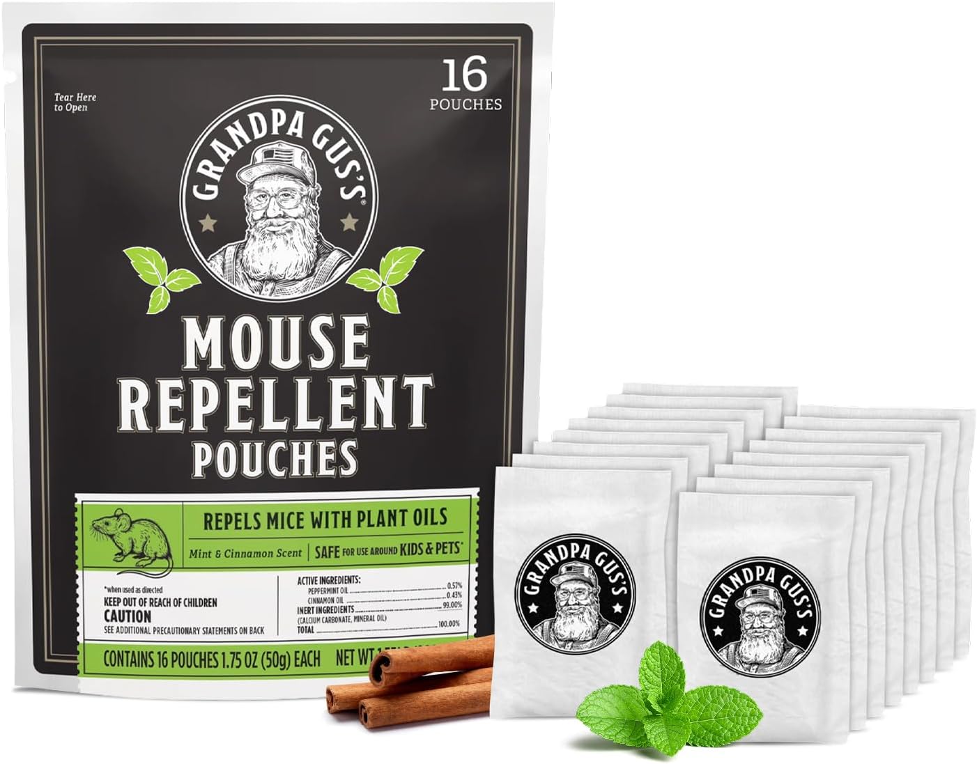 Grandpa Gus's Mouse Repellent Pouches, Peppermint & Cinnamon, Pack of 16