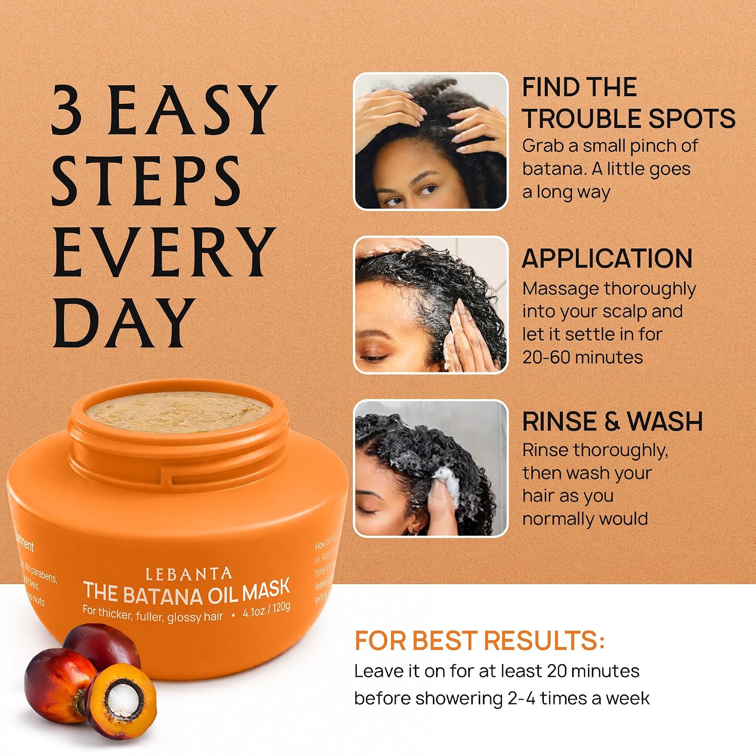 Lebanta Raw Batana Oil for Hair Growth - 100% Pure Organic 4oz Batana from Honduras for Thick and Strong Natural Hair - Dr. Sebi Unrefined Cold Pressed Cosmetic Scalp Mask for Men & Women (2 Pack)
