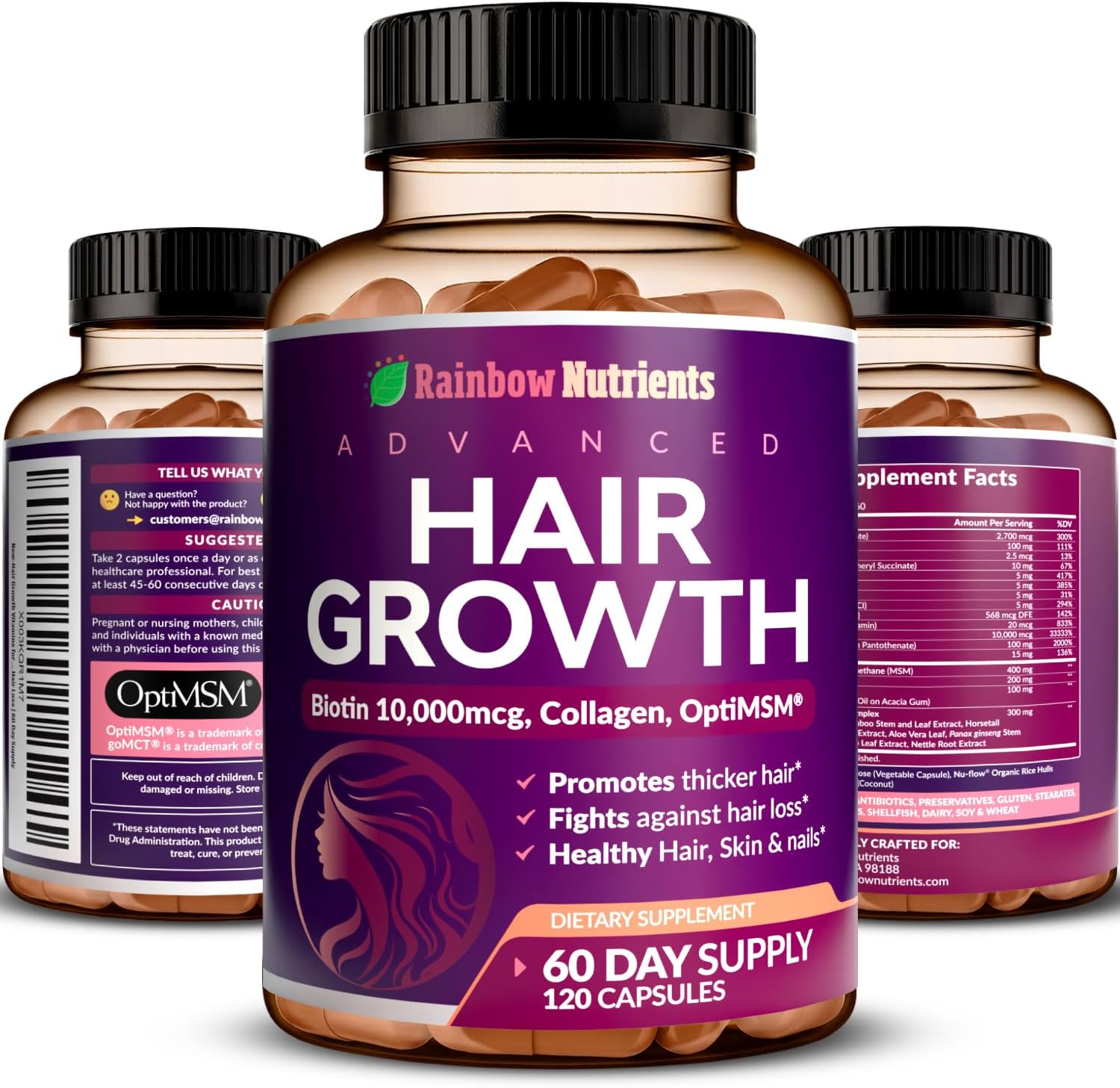 Hair Growth Vitamins for Women | Biotin 10,000mcg, Collagen, Patented OptiMSM®, goMCT®, Saw Palmetto | Naturally Regrow Stronger & Healthier Hair, Skin and Nails | Stops Hair Loss | 60 Day Supply