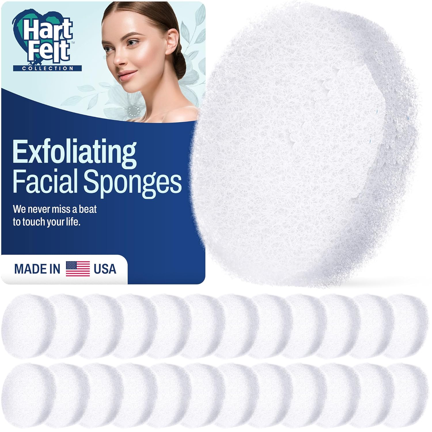 HartFelt Round Face Scrubber for Women | Reusable Facial Sponges for Daily Cleansing | Facial Exfoliating Pads for Removing Dead Skin Dirt & Makeup | Use with Favorite Cream | Made in USA - 25 Count