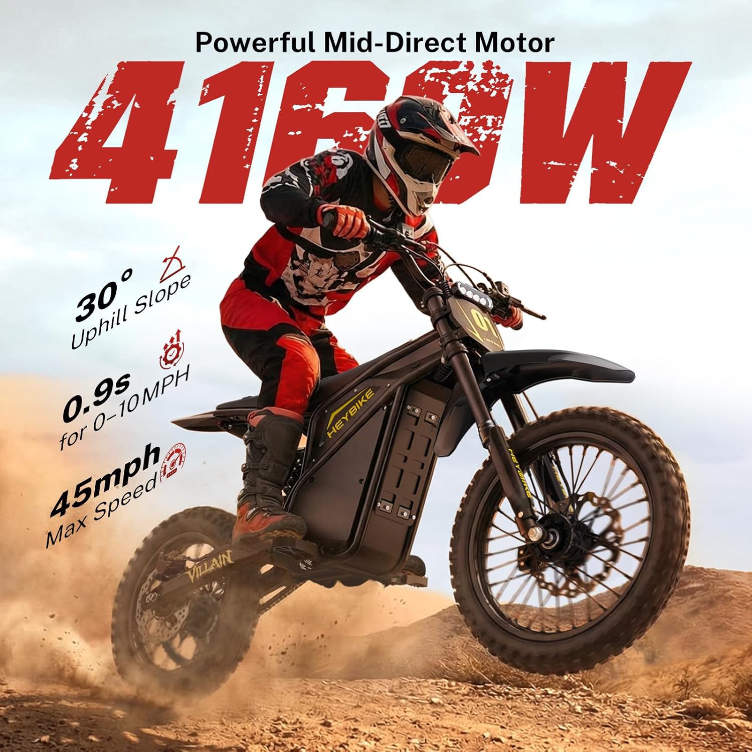 Heybike Villain Electric Dirt Bike 4160W E Dirt Bike with 52V 26AH Battery 14"/12" Fat Tire Electric Motorcycle for Teens Max 45MPH Ebike with Reversing FunctionÔºàEbony Black+"L" HelmetÔºâ