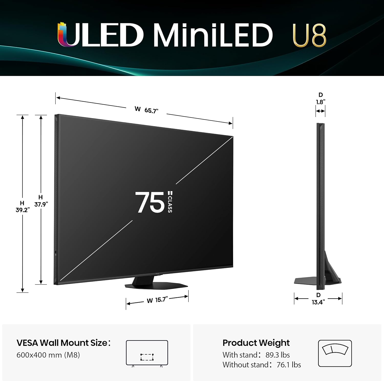 Hisense 75" U8 Series ULED Mini-LED 4K UHD Smart Google TV (75U8QG) - QLED, Native 165Hz, VRR 288, Up to LD5600, 5000 Nits, HDR10+, Dolby Vision IQ · Atmos, IMAX Enhanced, 4.1.2 Ch Audio, 75 inch
