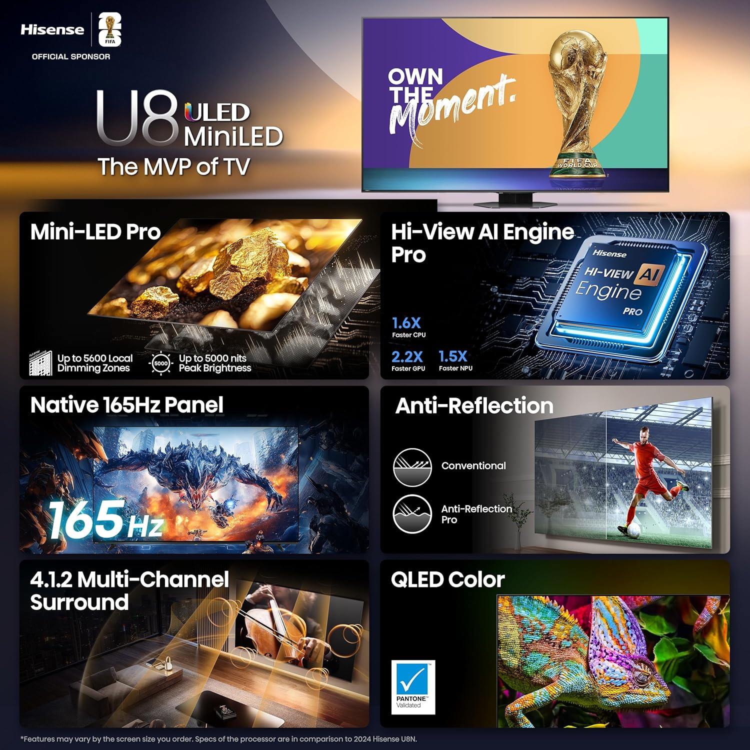Hisense 75" U8 Series ULED Mini-LED 4K UHD Smart Google TV (75U8QG) - QLED, Native 165Hz, VRR 288, Up to LD5600, 5000 Nits, HDR10+, Dolby Vision IQ · Atmos, IMAX Enhanced, 4.1.2 Ch Audio, 75 inch