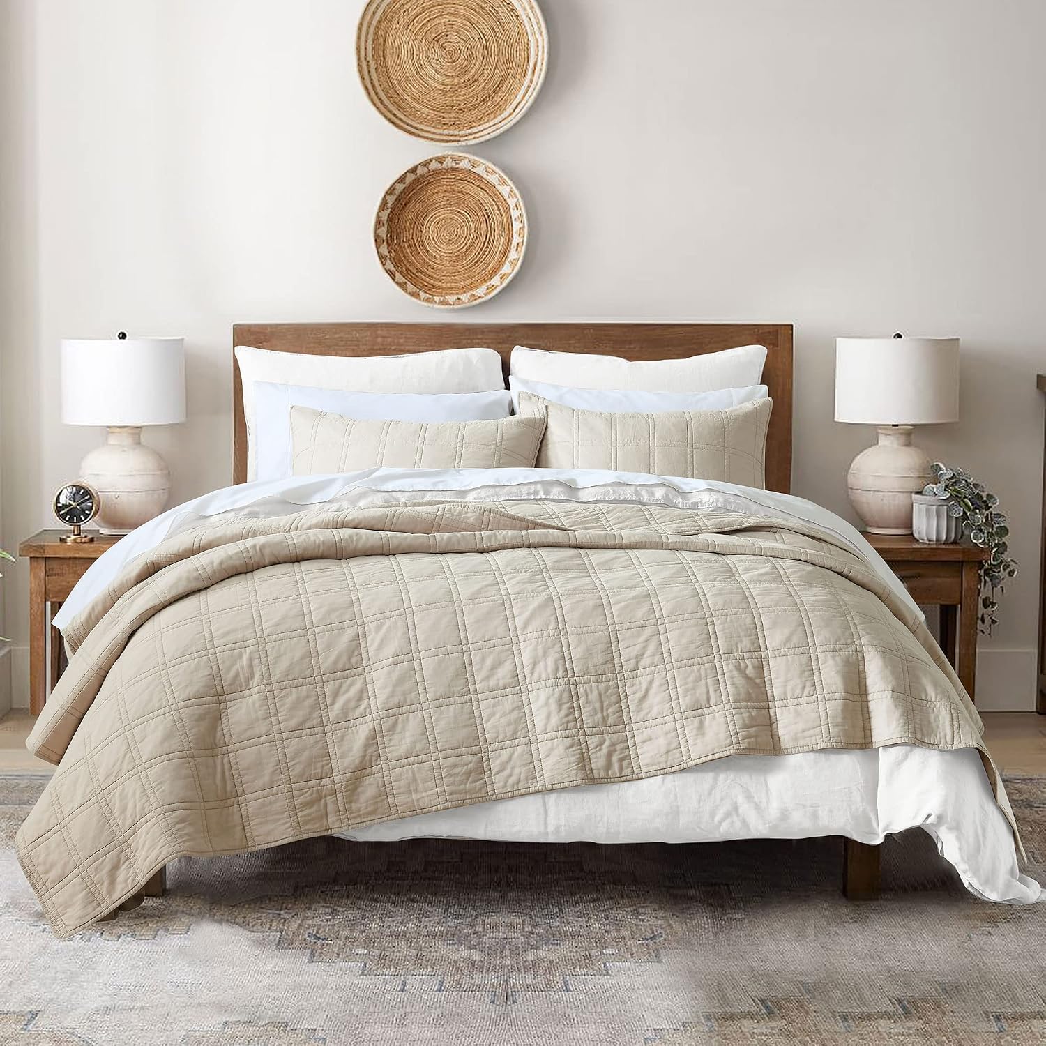 HORIMOTE HOME 100% Cotton Quilt King Size Beige Bedspread, Pre-Washed 3-Piece Cozy Lightweight Stitching Decorative Bedding Cover Coverlet Set with 2 Shams in Geometric Pattern for All Season