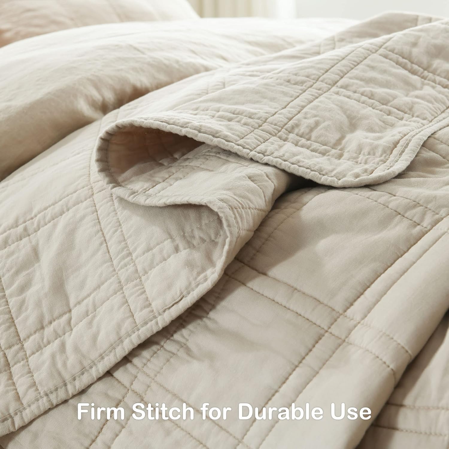 HORIMOTE HOME 100% Cotton Quilt King Size Beige Bedspread, Pre-Washed 3-Piece Cozy Lightweight Stitching Decorative Bedding Cover Coverlet Set with 2 Shams in Geometric Pattern for All Season
