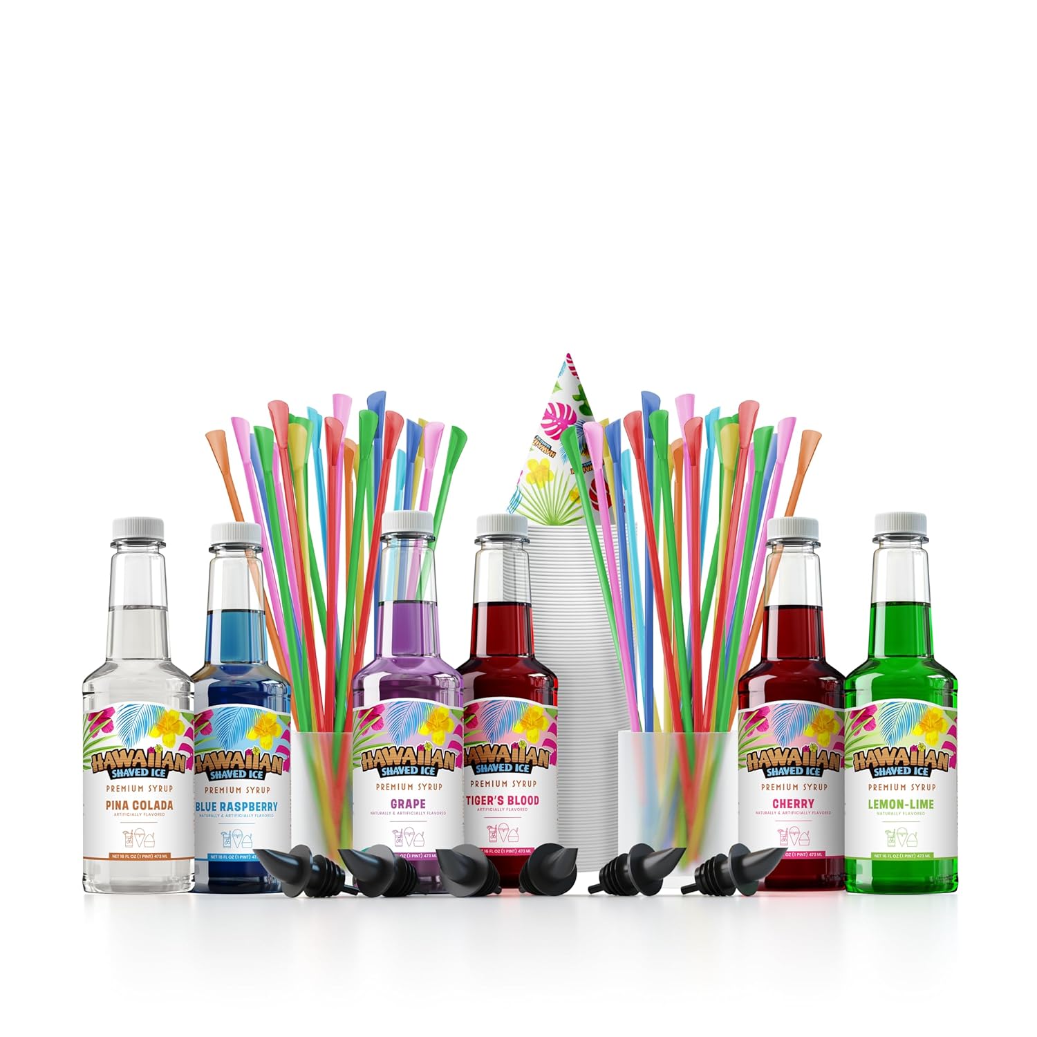 Hawaiian Shaved Ice Syrup Assortment with 6 - 16oz Bottles 50 Snow Cone Cups Spoon Straws and Pouring Spouts. Flavors: Tiger‚Äôs Blood Pina Colada Blue Raspberry Grape Cherry Lemon-Lime