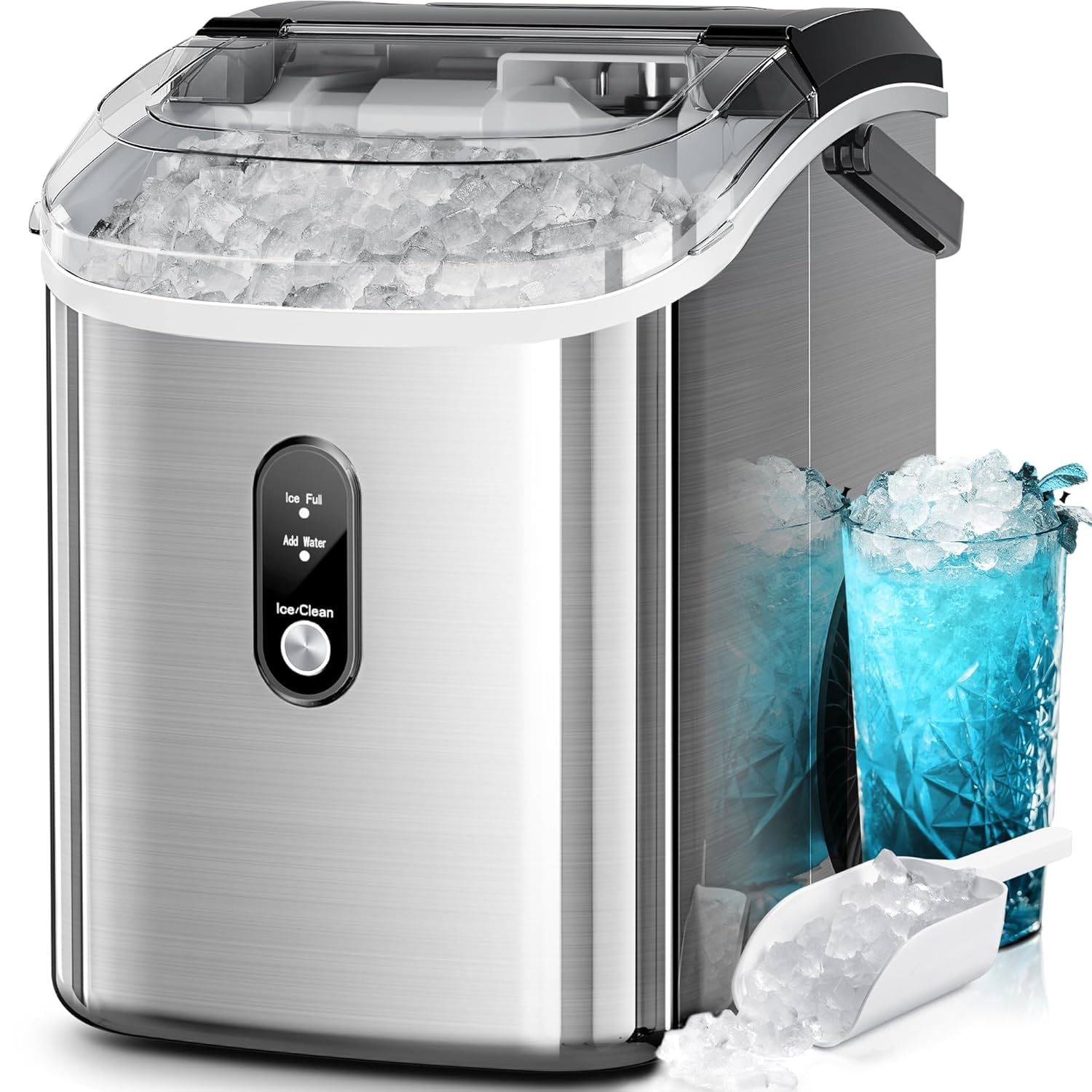 Kismile Nugget Ice Makers Countertop,35Lbs/24H,Portable Sonic Ice Machine with Self-Cleaning,One-Click Operation for Home/Office(Stainless Steels Silver), Stainless Steel Grey