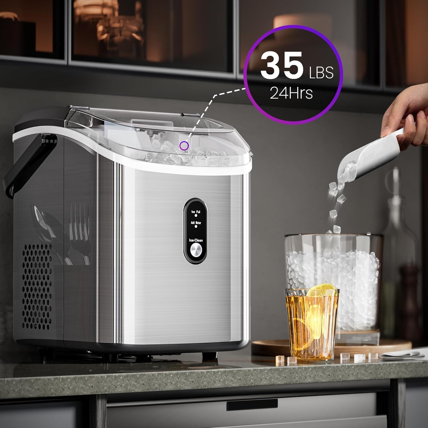 Kismile Nugget Ice Makers Countertop,35Lbs/24H,Portable Sonic Ice Machine with Self-Cleaning,One-Click Operation for Home/Office(Stainless Steels Silver), Stainless Steel Grey