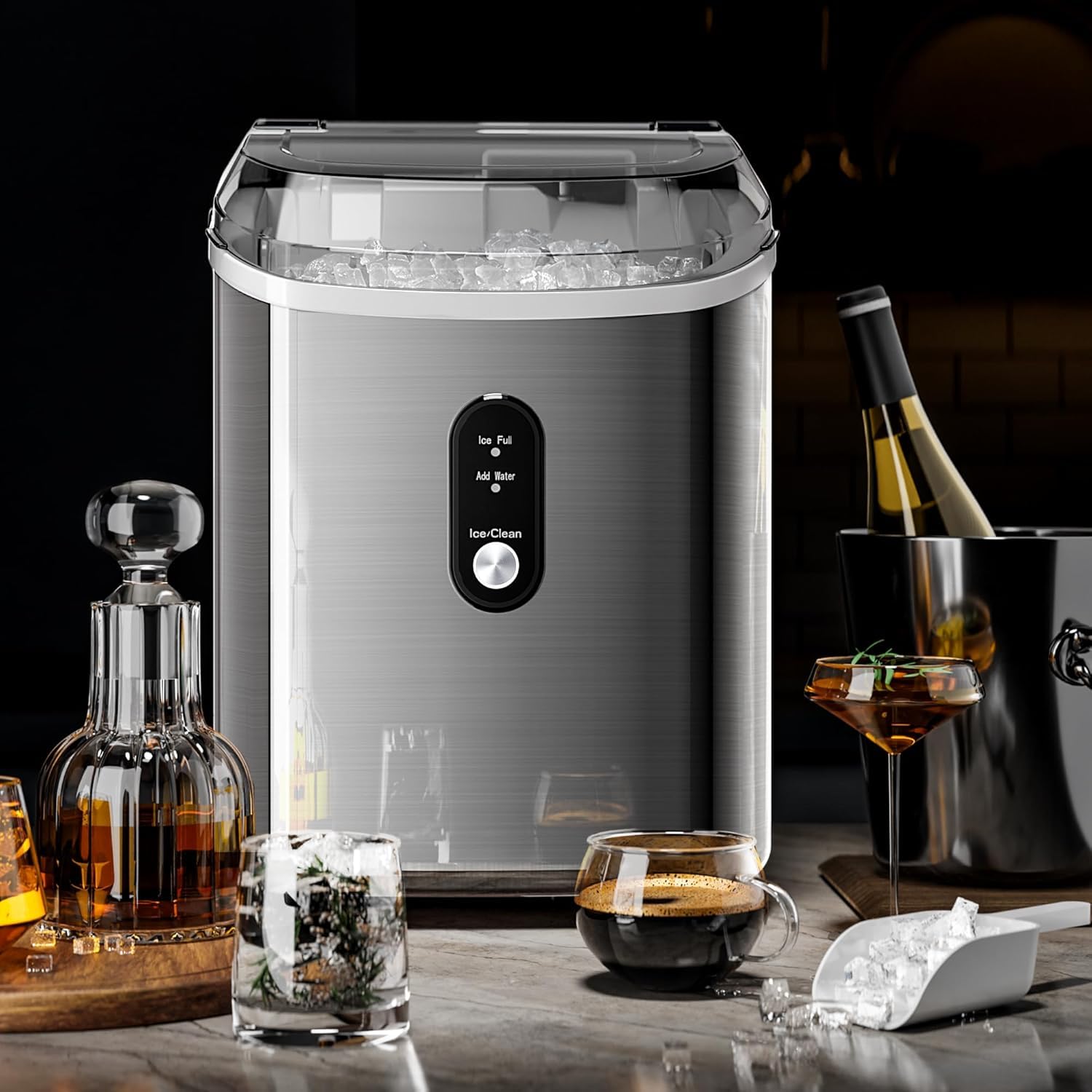 Kismile Nugget Ice Makers Countertop,35Lbs/24H,Portable Sonic Ice Machine with Self-Cleaning,One-Click Operation for Home/Office(Stainless Steels Silver), Stainless Steel Grey