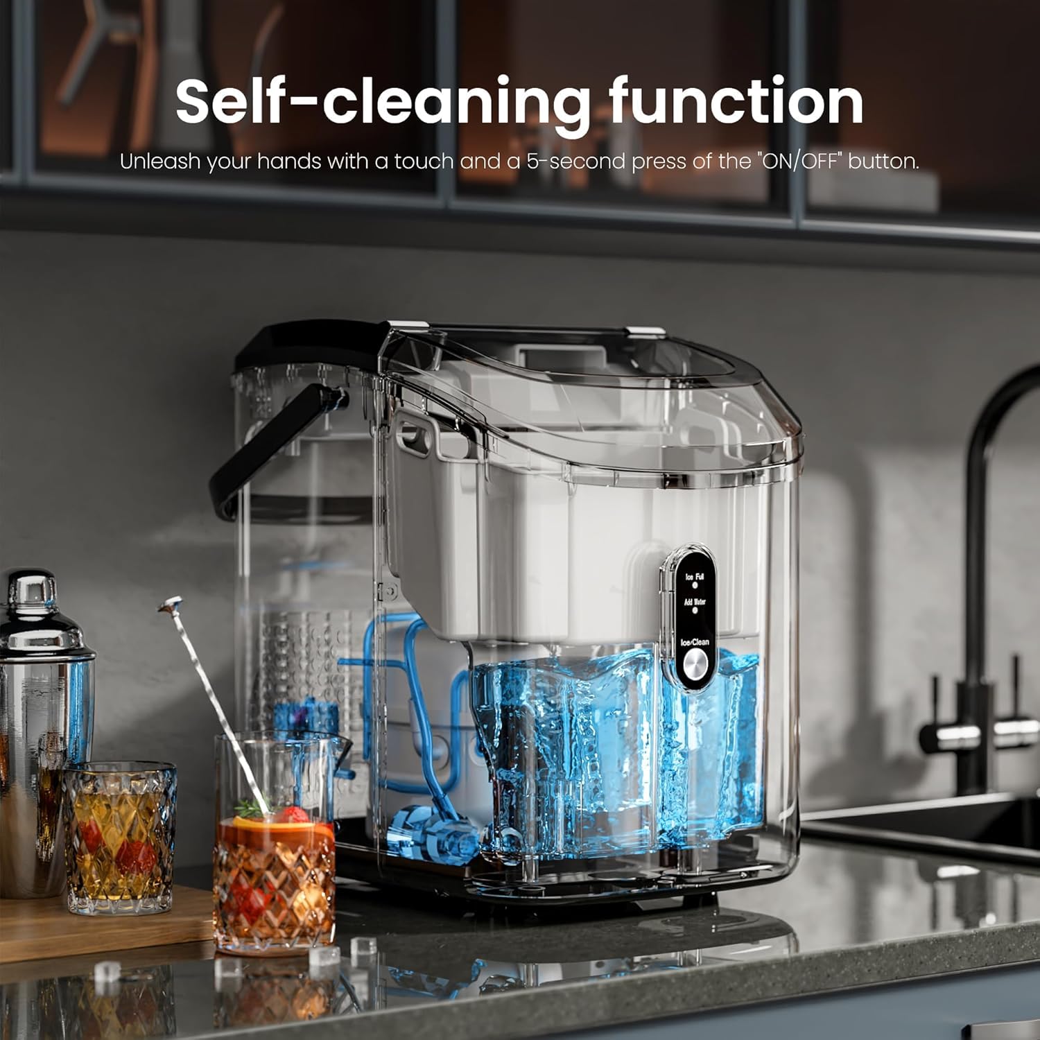 Kismile Nugget Ice Makers Countertop,35Lbs/24H,Portable Sonic Ice Machine with Self-Cleaning,One-Click Operation for Home/Office(Stainless Steels Silver), Stainless Steel Grey