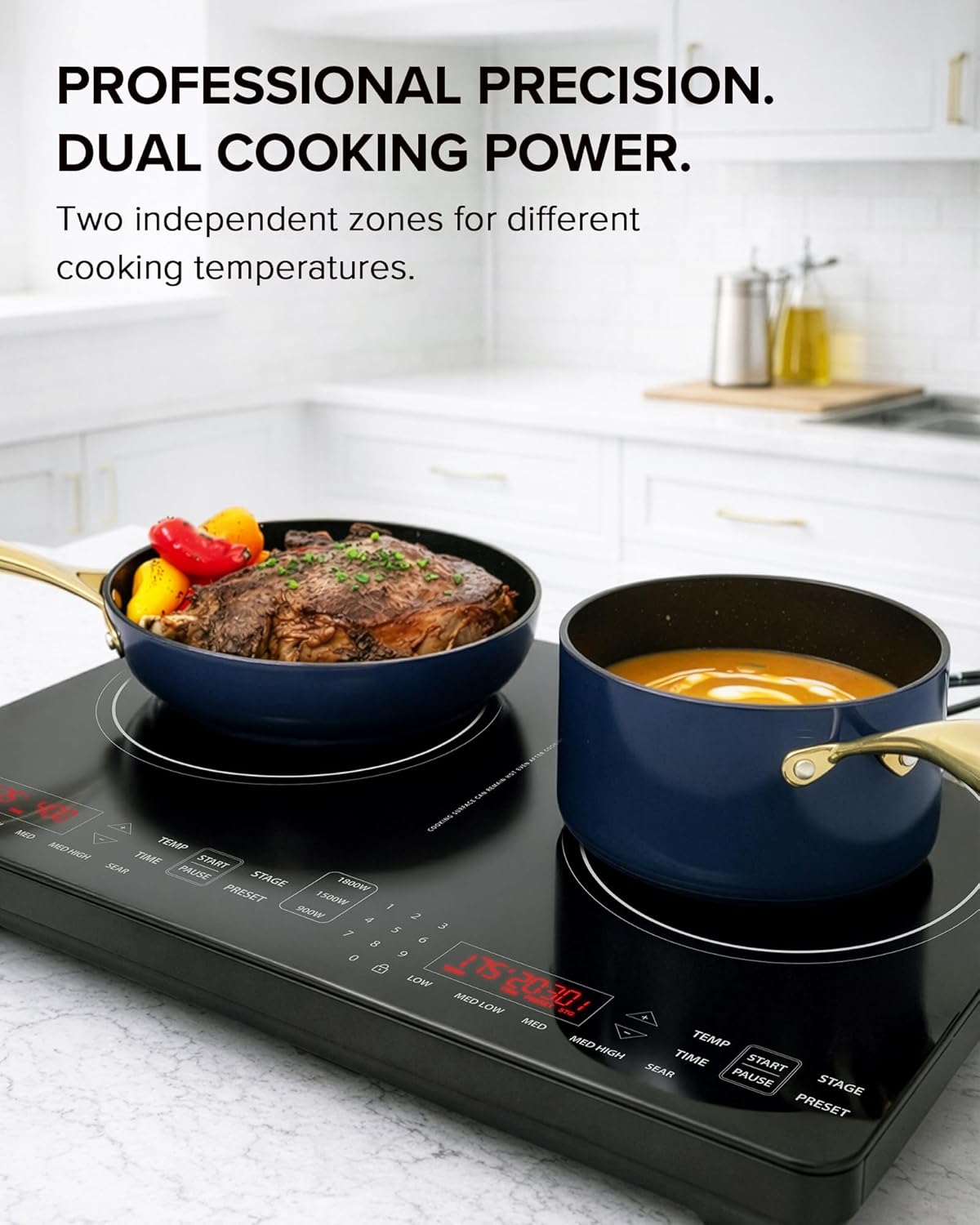 Nuwave PIC Double Portable Induction Cooktop, 900W/1500W/1800W Options, Two 8” Heating Zones, 106 Precise Temperatures from 50°F–575°F in 5°F Increments