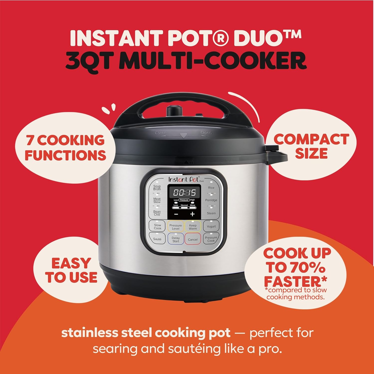 Instant Pot Duo 7-in-1 Mini Electric Pressure Cooker, Slow Rice Cooker, Steamer, Sauté, Yogurt Maker, Warmer & Sterilizer, Includes Free App with over 1900 Recipes, Stainless Steel, 3 Quart, 3 Quarts