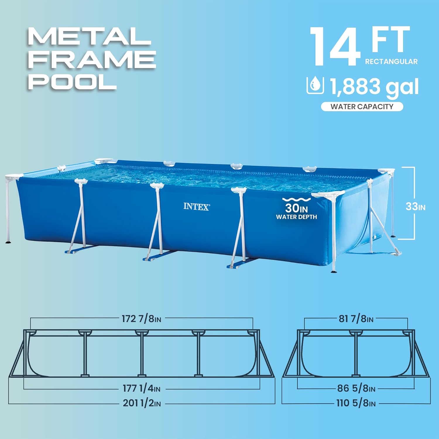 INTEX Rectangular Frame 14 ft 9 in x 7 ft 3 in x 33 in Above Ground Pool, Swimming Pool with Steel Frame, Pump Not Included