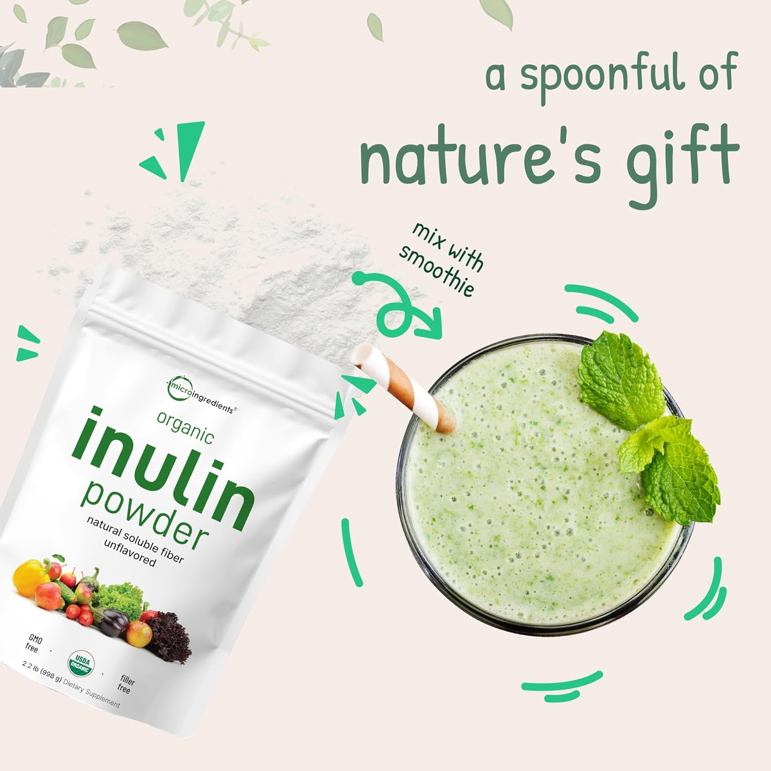 Micro Ingredients Organic Inulin FOS Fiber Powder, 2.2 lbs | Quick Water-Soluble Prebiotic | Natural Fiber for Smoothies & Drinks | Vegan Friendly, Dissolves Clear