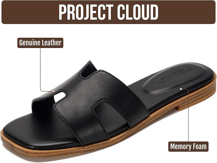 Project Cloud 100% Genuine Leather Sandals for Women 2026 - Fashion Flat Womens Sandals with Memory Foam Insole Slides Sandals Women Footwear - Mules Women's Sandals (Jannel Bone 9)