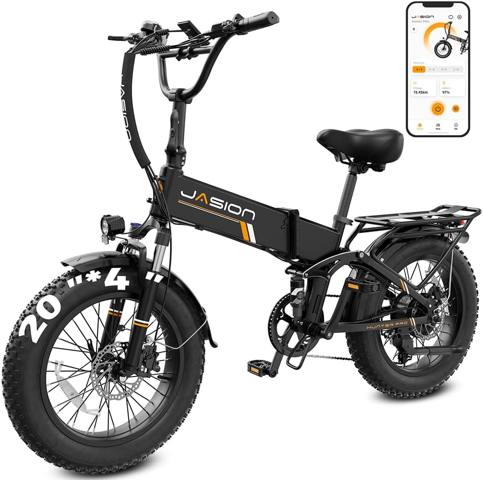 Jasion Hunter Pro Electric Bike for Adults 1800W Peak Motor 30+MPH Max Speed 48V 15AH Removable Battery Full Suspension System Design 20''*4.0 Fat Tire Foldable Ebike 7-Speed Bicycles Blue+Brown