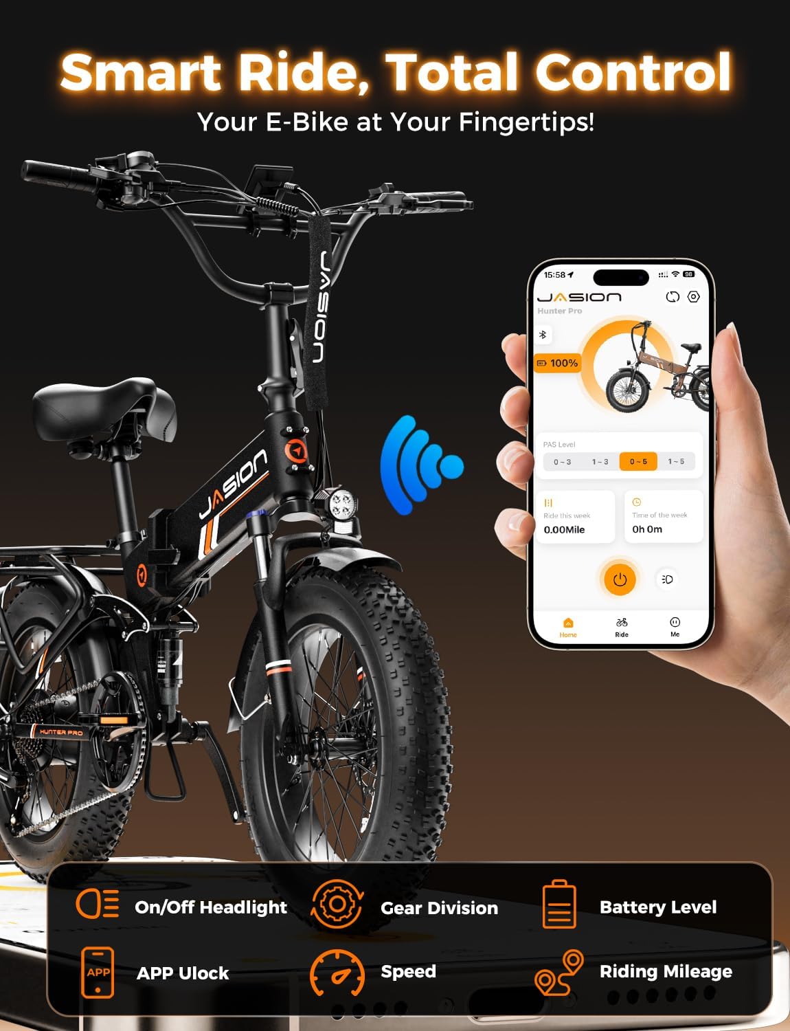 Jasion Hunter Pro Electric Bike for Adults 1800W Peak Motor 30+MPH Max Speed 48V 15AH Removable Battery Full Suspension System Design 20''*4.0 Fat Tire Foldable Ebike 7-Speed Bicycles Blue+Brown