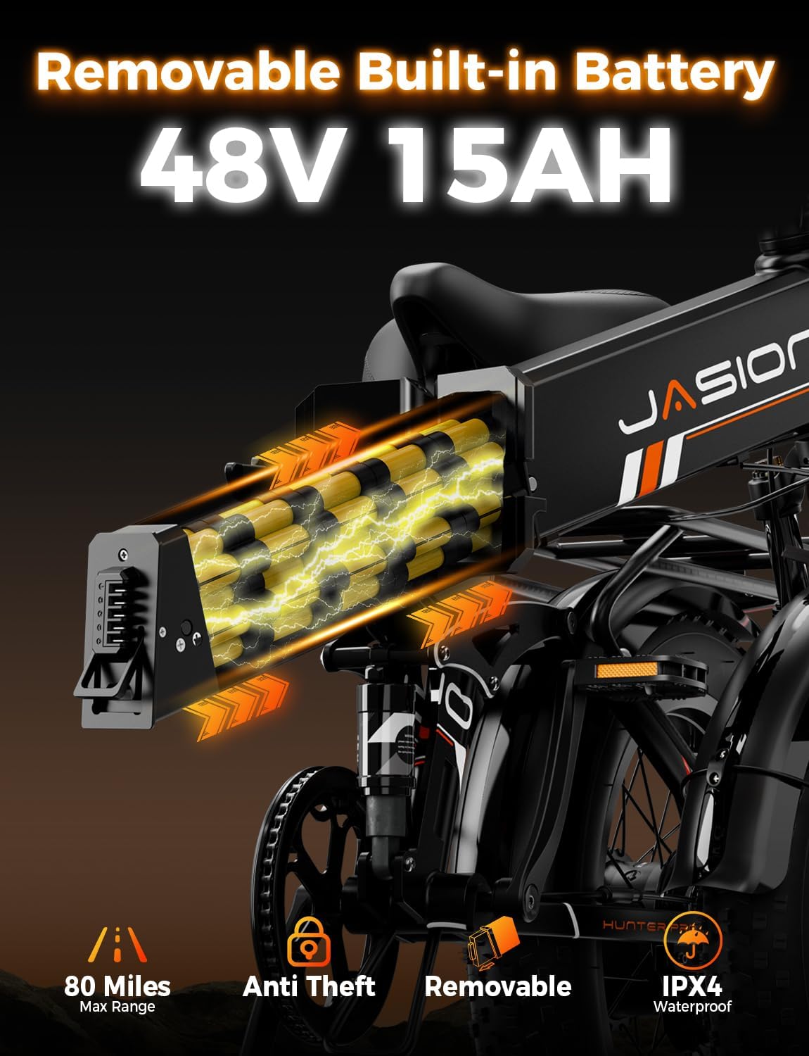 Jasion Hunter Pro Electric Bike for Adults 1800W Peak Motor 30+MPH Max Speed 48V 15AH Removable Battery Full Suspension System Design 20''*4.0 Fat Tire Foldable Ebike 7-Speed Bicycles Blue+Brown