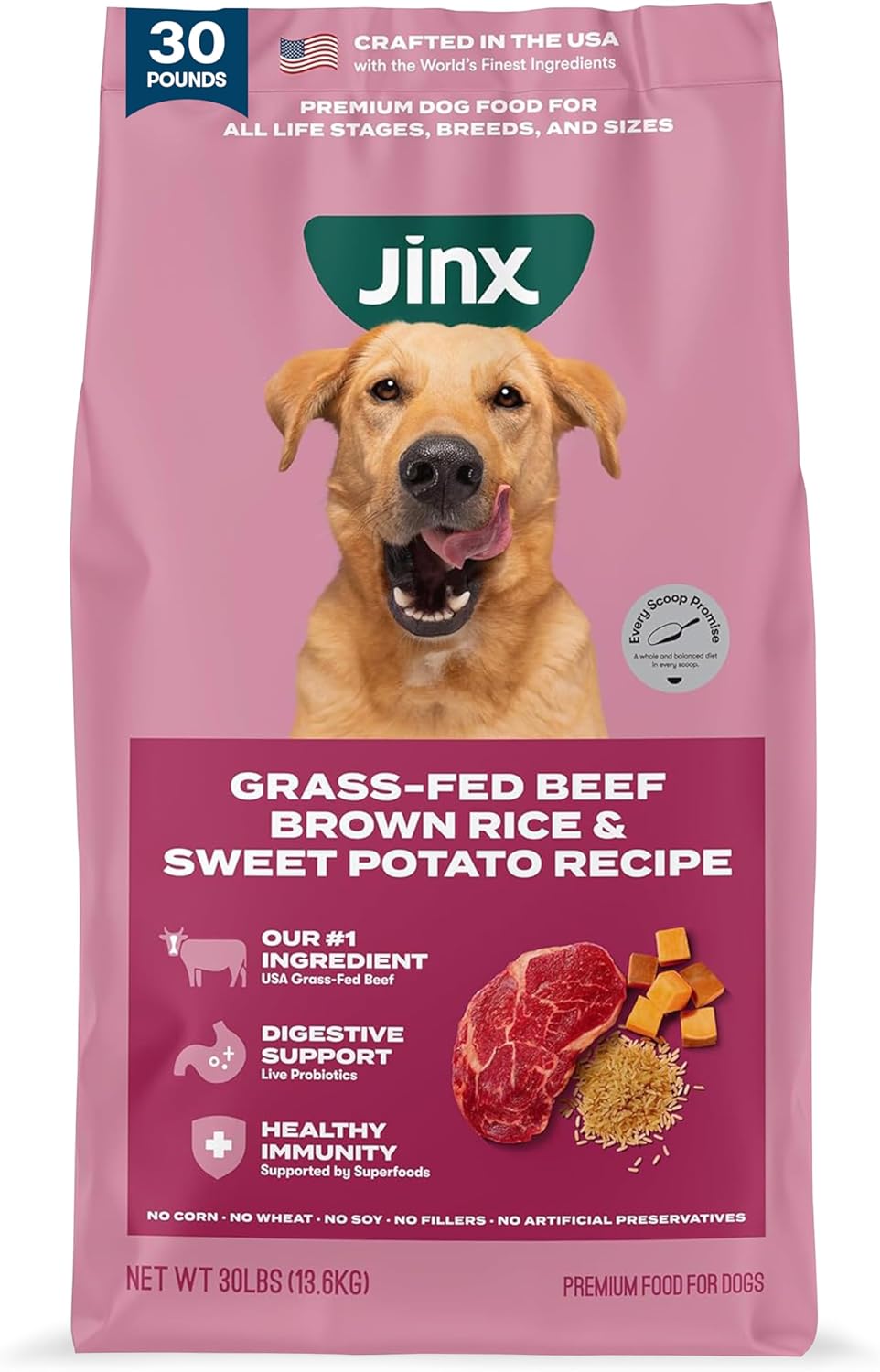 Jinx Premium Dry Dog Food for All Lifestages - Real Beef Brown Rice & Sweet Potato Kibble with Superfoods for Immune Support & Probiotics for Digestive Support - No Fillers - 30lb