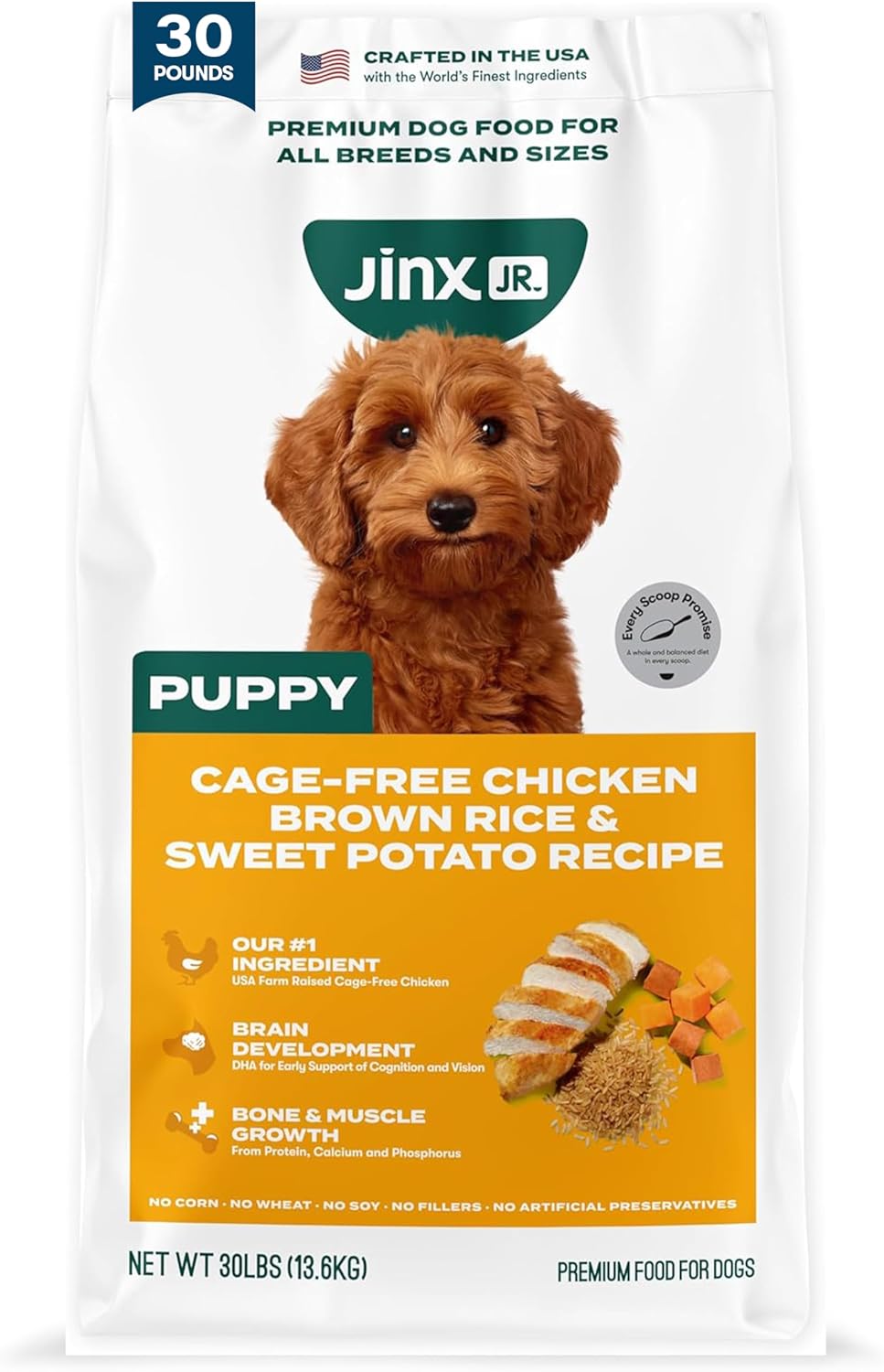 Jinx Premium Puppy Dog Food- Real Chicken, Brown Rice & Sweet Potato, Puppy Food with DHA, Protein & Calcium for Brain Health - Probiotics for Digestive Support - No Fillers - 30lb, 30 Pound (Pack of 1), Chicken Puppy