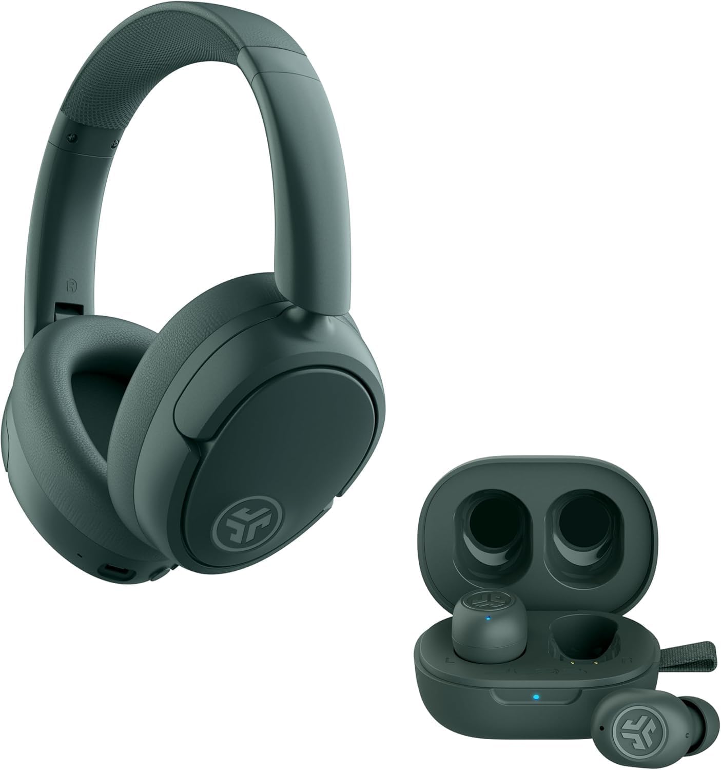 JLab JBuds Lux ANC Over Ear Headphones Bundle with JBuds Mini True Wireless Earbuds Active Noise Cancelling Bluetooth multipoint Sage