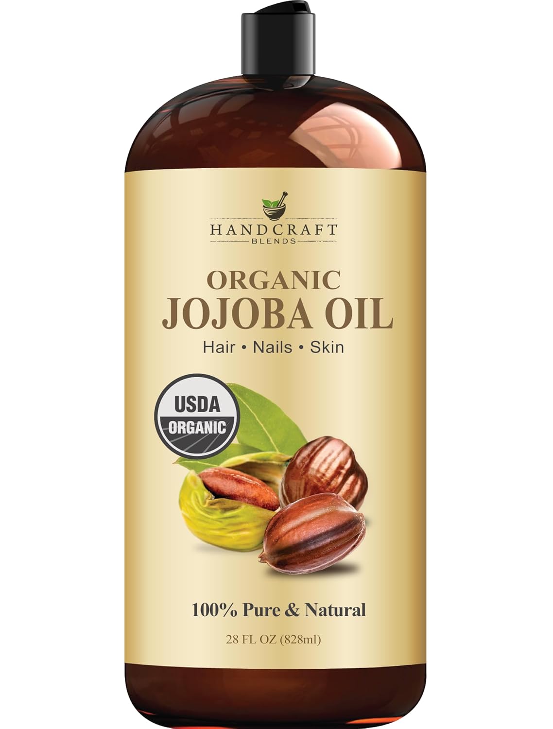 Handcraft Blends USDA Organic Jojoba Oil | Cold-Pressed | 28 Fl Oz | 100% Pure & Natural | for Hair Skin & Face | Premium Grade Carrier Oil | for Massage & Aromatherapy | Hexane-Free