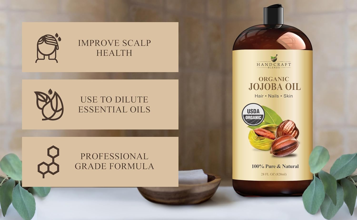 Handcraft Blends USDA Organic Jojoba Oil | Cold-Pressed | 28 Fl Oz | 100% Pure & Natural | for Hair Skin & Face | Premium Grade Carrier Oil | for Massage & Aromatherapy | Hexane-Free