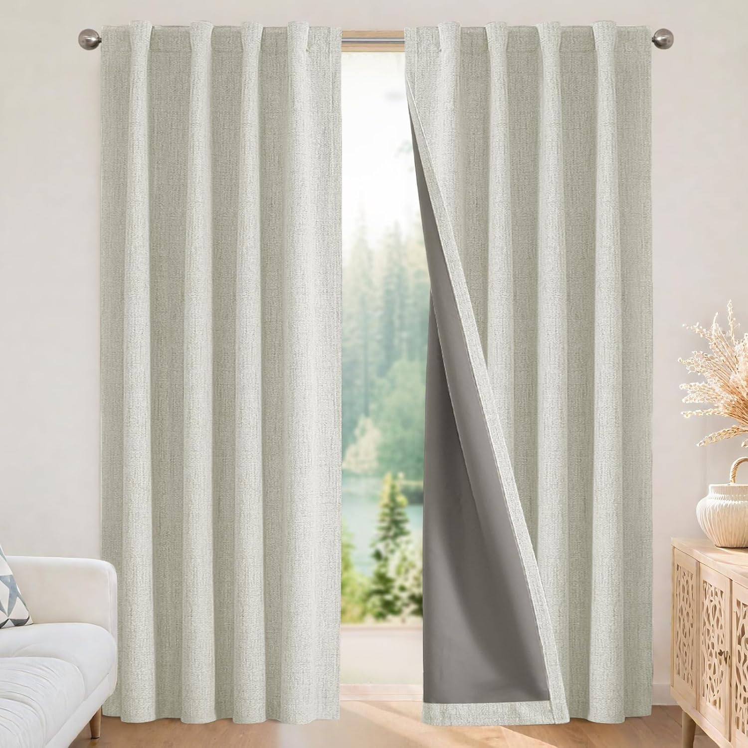 Joydeco Blackout Curtains for Bedroom - 100% Light Blocking 2 Panels Light Beige Drapes 66"W x 90"L Thermal Insulated Room Darkening Curtains Linen Textured for Living Room Rod Pocket & Back Tabs