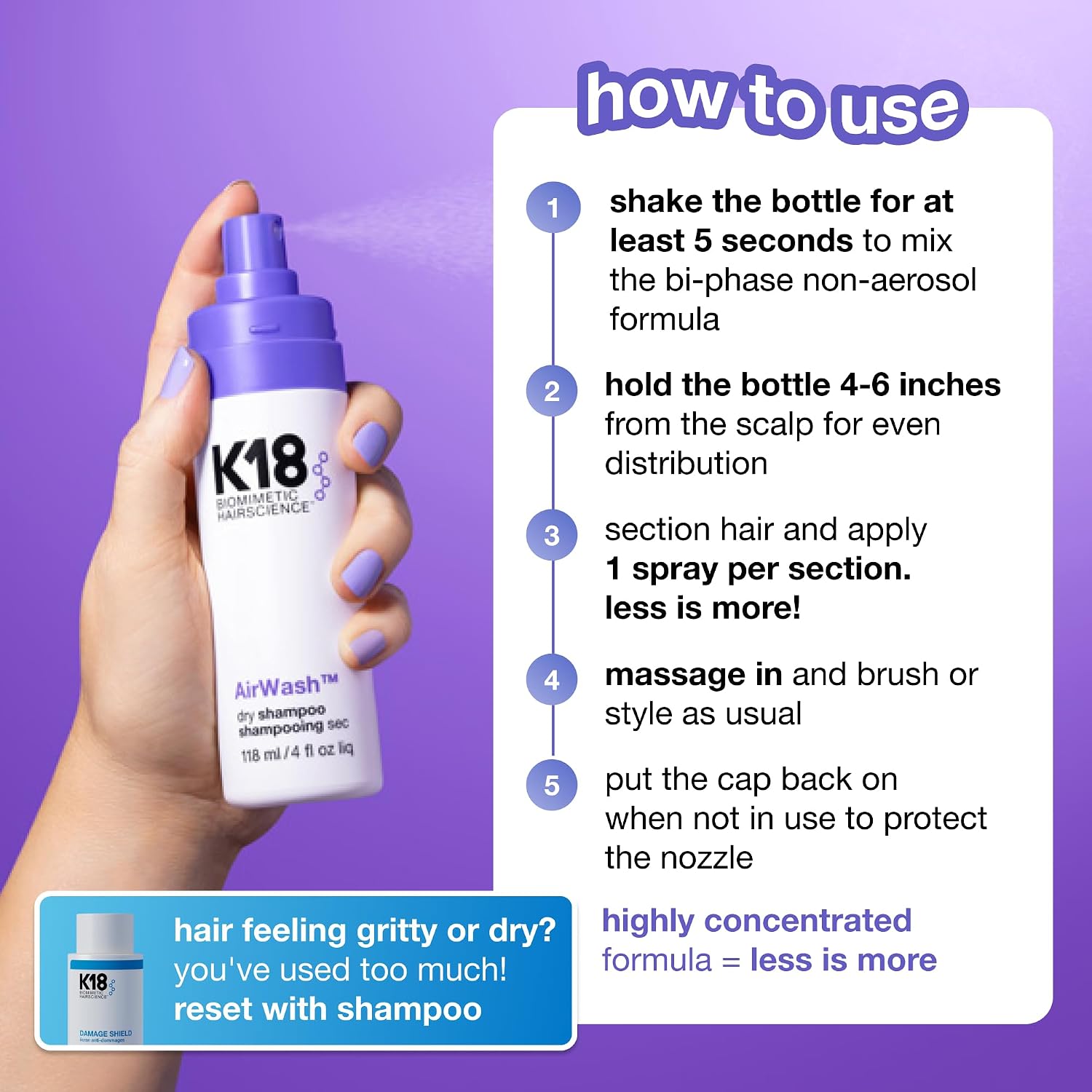 K18 AirWash Non Aerosol Dry Shampoo Spray, 4 Fl Oz
