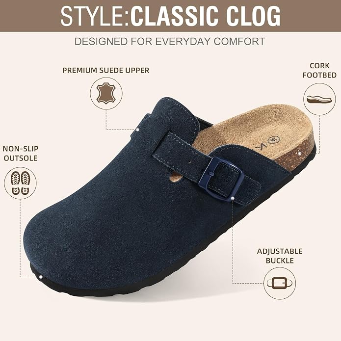 KIDMI Genuine Suede Clogs for Women Men Cork Footbed Mules Potato Shoes