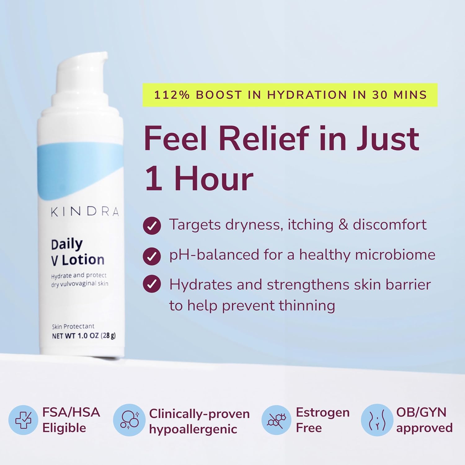 Kindra Daily V Vaginal Moisturizer Lotion - OBGYN Recommended for Dryness & Itch, with Hyaluronic Acid, Odor Support - Estrogen-Free Cream, pH-Balanced Feminine Care - 60 Applications