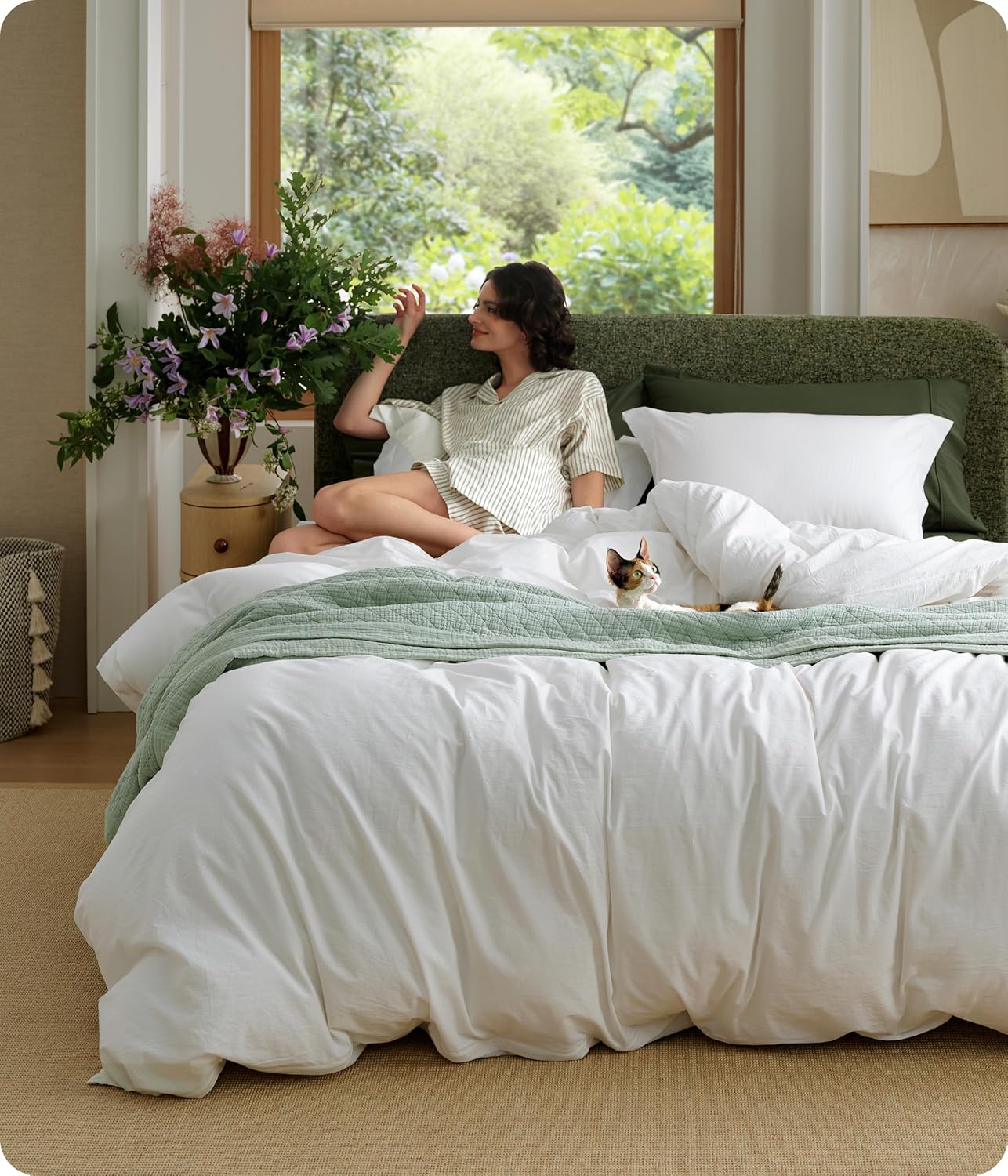 Bedsure 100% Washed Cotton Duvet Cover Oversized King - Natural White Minimalist Bedding Set Linen Like - PureWoven Plain Simple & Soft Duvet Cover 3-Piece (Natural White Oversized King 120"x98")