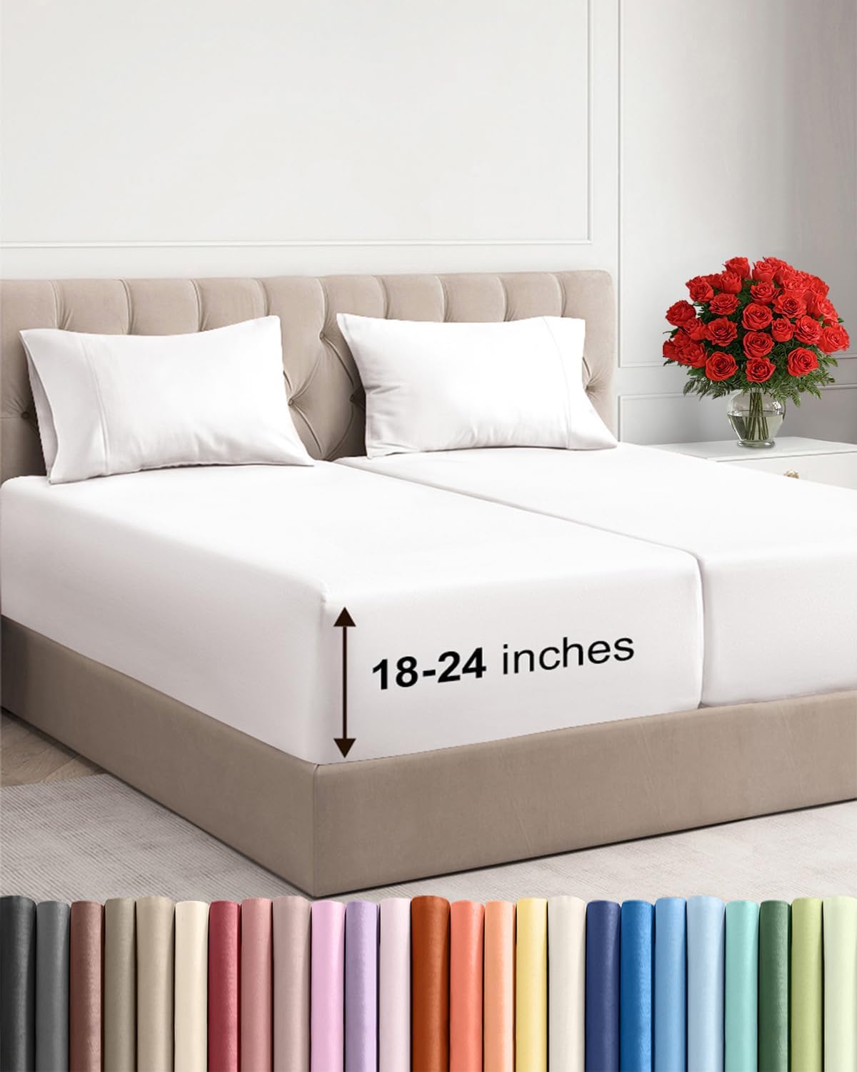 Extra Deep Split King Sheet Set - 5 Piece Breathable & Cooling Bed Sheets - Easily Fits 18 to 24 inch Mattress - Soft Wrinkle & Fade Free w/ Extra Deep Pockets - Hotel Luxury Bedding - Antique White