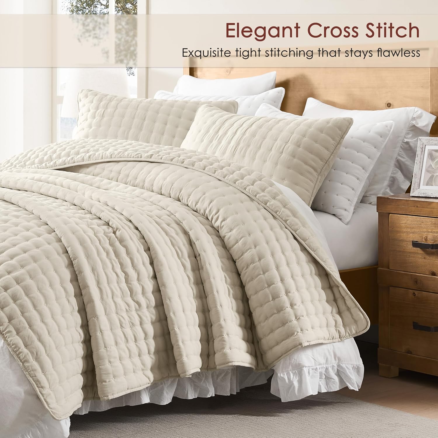 WDCOZY Beige California Oversized Cal King Size Quilt Bedding Sets with 2 Pillow Shams, Neutral Lightweight Soft Bedspread Coverlet Bed Cover for All Season, 3 Pieces, 116x106 inches