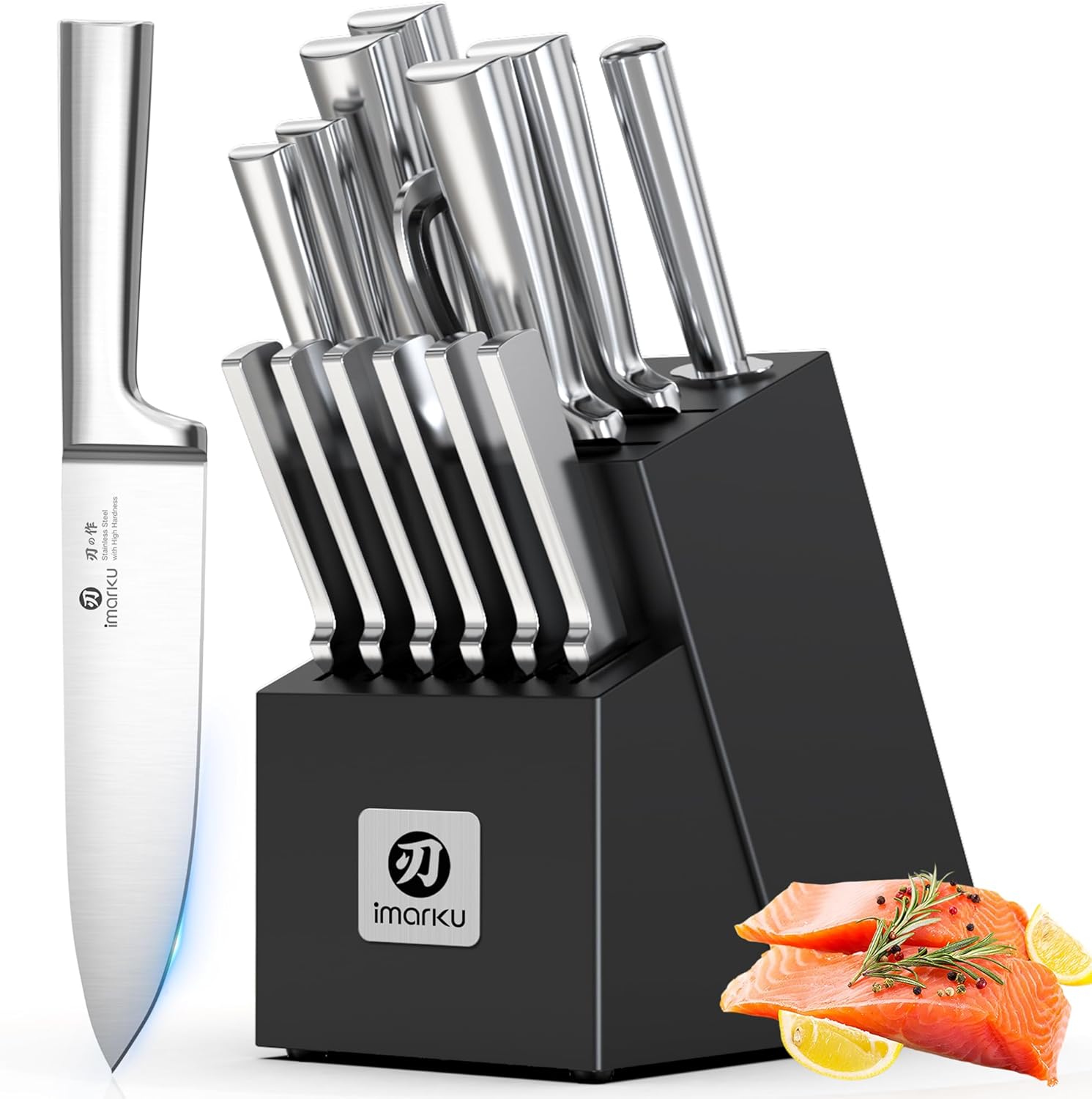 imarku 15-Piece Knife Block Set Built-in Sharpener Japanese High Carbon Stainless Steel Kitchen Knife Set Dishwasher Safe Chef Knife Set with Wooden Knife Block Steak Knives for Kitchen Cooking