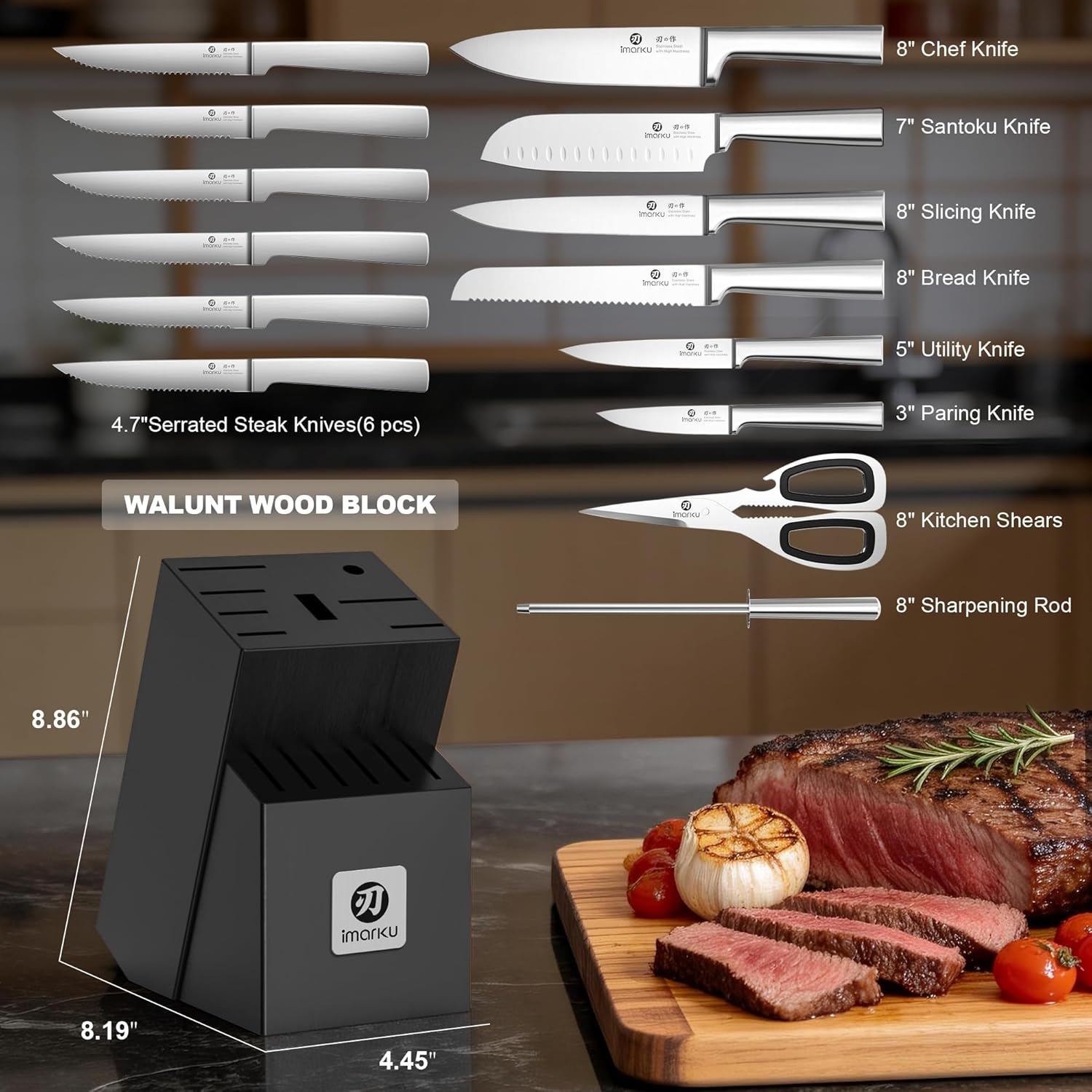imarku 15-Piece Knife Block Set Built-in Sharpener Japanese High Carbon Stainless Steel Kitchen Knife Set Dishwasher Safe Chef Knife Set with Wooden Knife Block Steak Knives for Kitchen Cooking