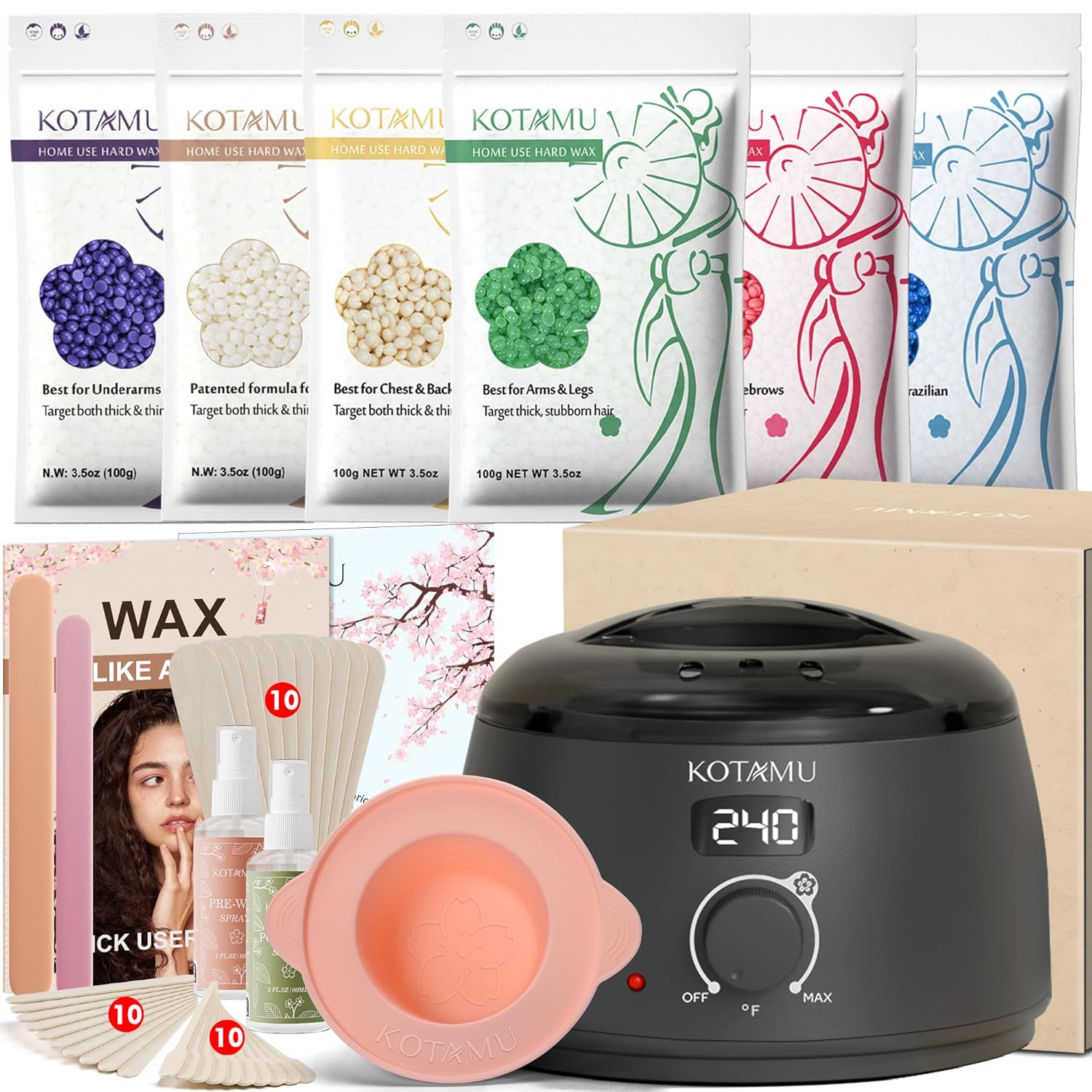 KOTAMU Waxing Kit-Professional Wax Warmer for Women& Men Hair Removal Black Waxing Machine With Silicone Pot Sensitive Skin Friendly Body Wax Kit Ideal for Face Bikin Brazilian Leg Home Salon