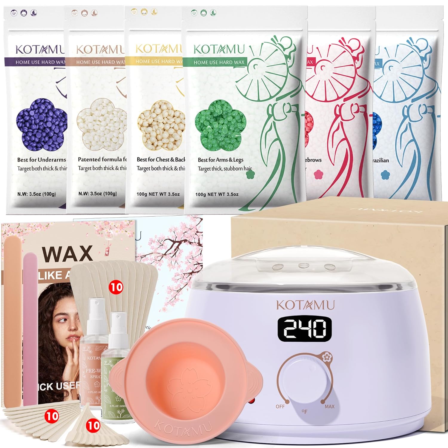 KOTAMU Waxing Kit for Women & Men Wax Warmer for Hair Removal Digital Wax Kit with SiliconePotÔºåIdeal for Face Eyebrow Arm Legs Armpit &Sensitive Skin Purple Waxing Machine With 44 Accessories