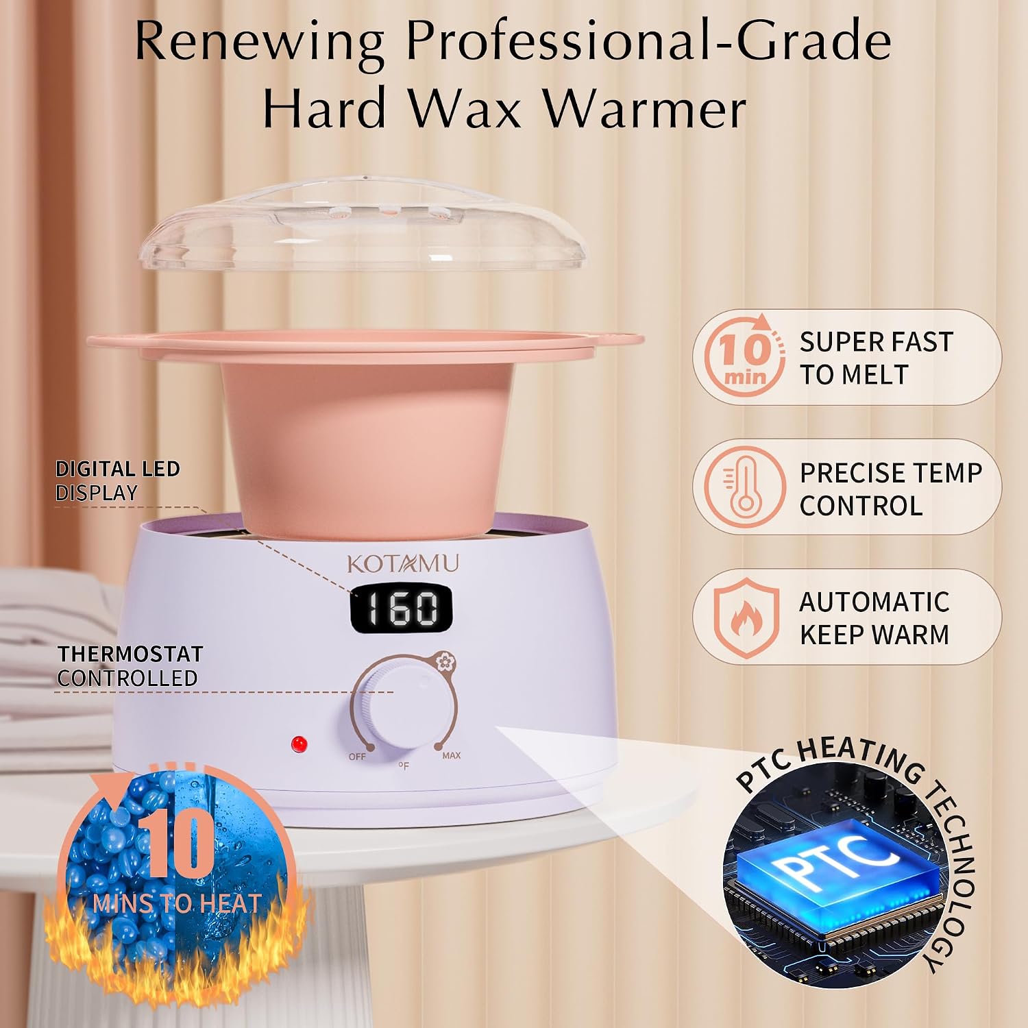KOTAMU Waxing Kit for Women & Men Wax Warmer for Hair Removal Digital Wax Kit with SiliconePotÔºåIdeal for Face Eyebrow Arm Legs Armpit &Sensitive Skin Purple Waxing Machine With 44 Accessories
