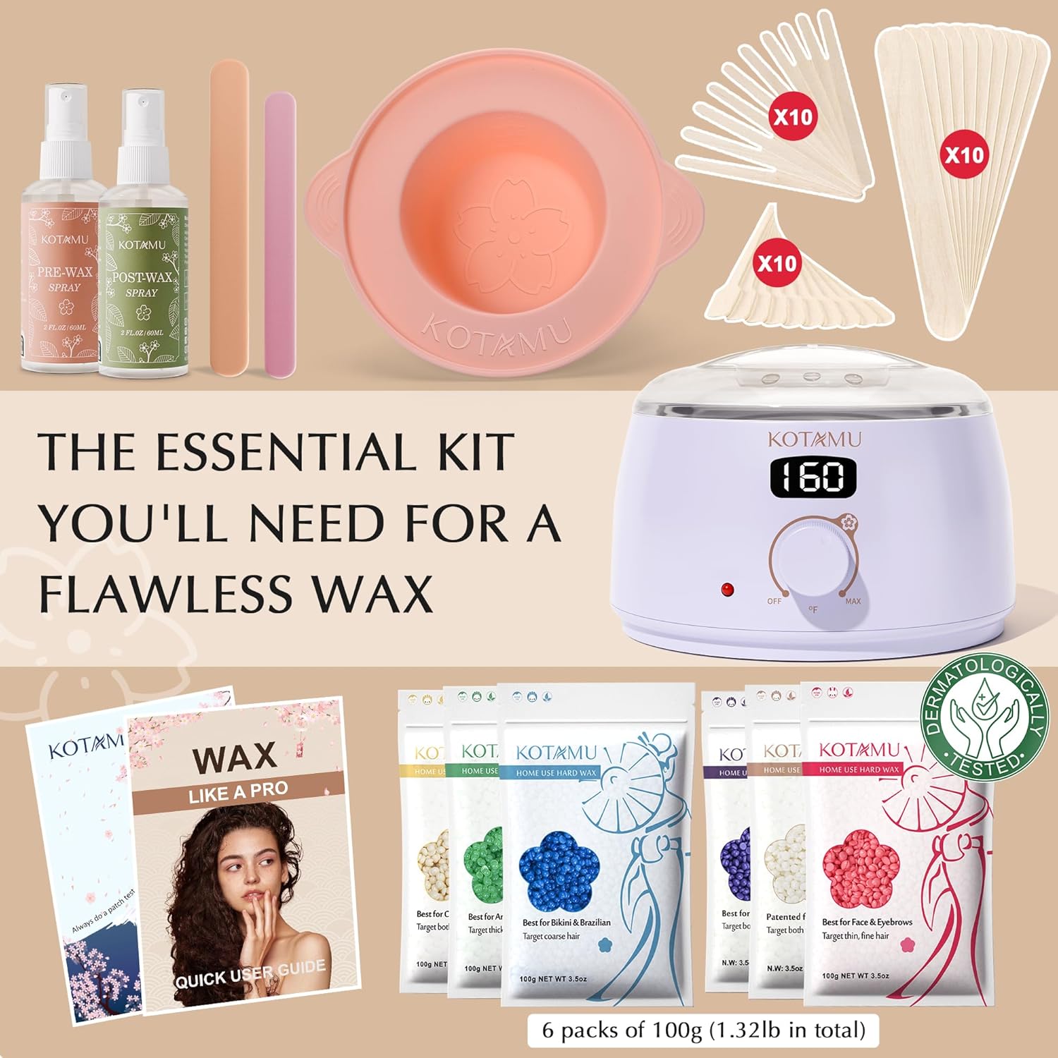 KOTAMU Waxing Kit for Women & Men Wax Warmer for Hair Removal Digital Wax Kit with SiliconePotÔºåIdeal for Face Eyebrow Arm Legs Armpit &Sensitive Skin Purple Waxing Machine With 44 Accessories